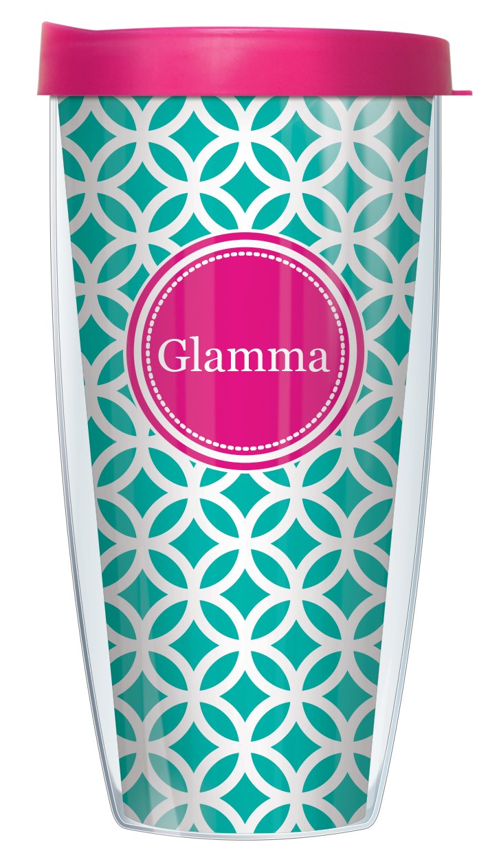 Signature Tumblers Pink Grandma Insignia Wrap On Teal And White Roundabout 16 Ounce Double-Walled Travel Tumbler Mug With Hot Pi