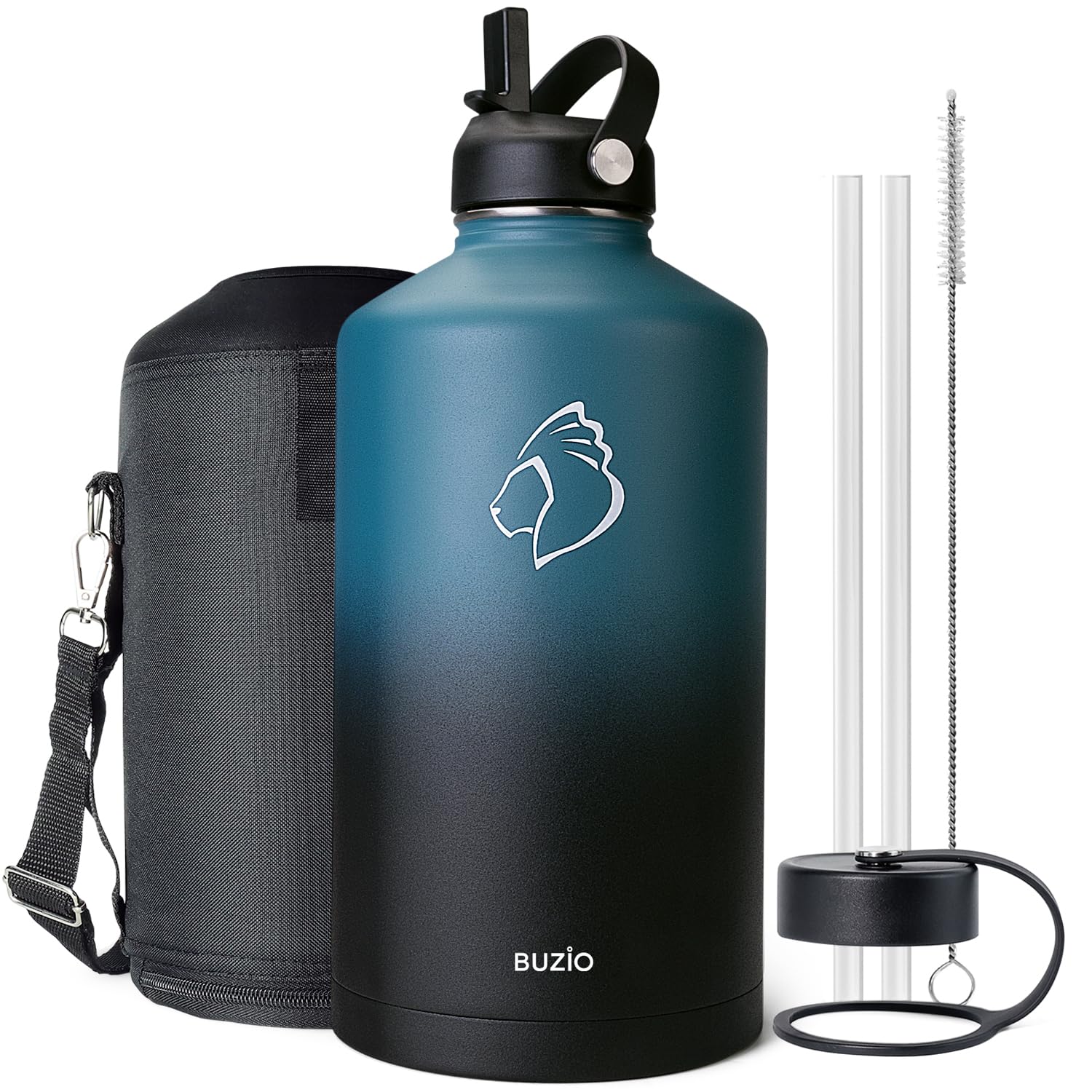 BUZIO 1 Gallon Water Jug with Straw Lid  128oz Water Bottle Stainless Steel Double Wall Hydro Jug Water Flask 18/8 Food Grade Thermo Mug Keep Cold 48H & Hot 24H  Indigo Crush