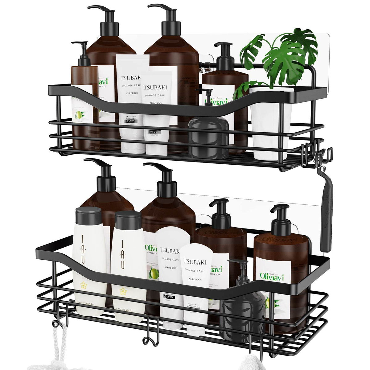 Orimade Adhesive Shower Caddy Shelf With 5 Hooks Organizer Storage Rack Rustproof Wall Mounted Stainless Steel No Drilling For B