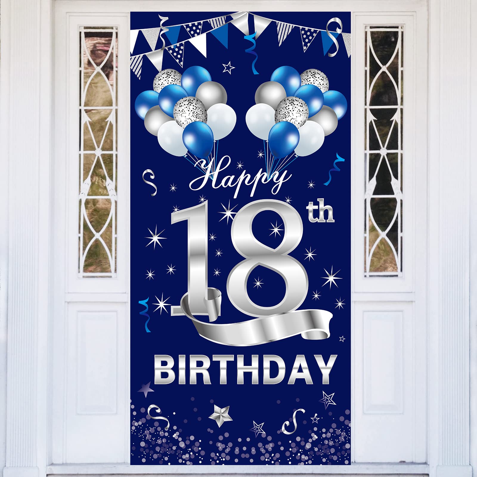 Turypaty Blue Silver 18Th Birthday Door Banner Decorations, Happy 18 Birthday Door Cover Sign Party Supplies For Boys, Sweet 18