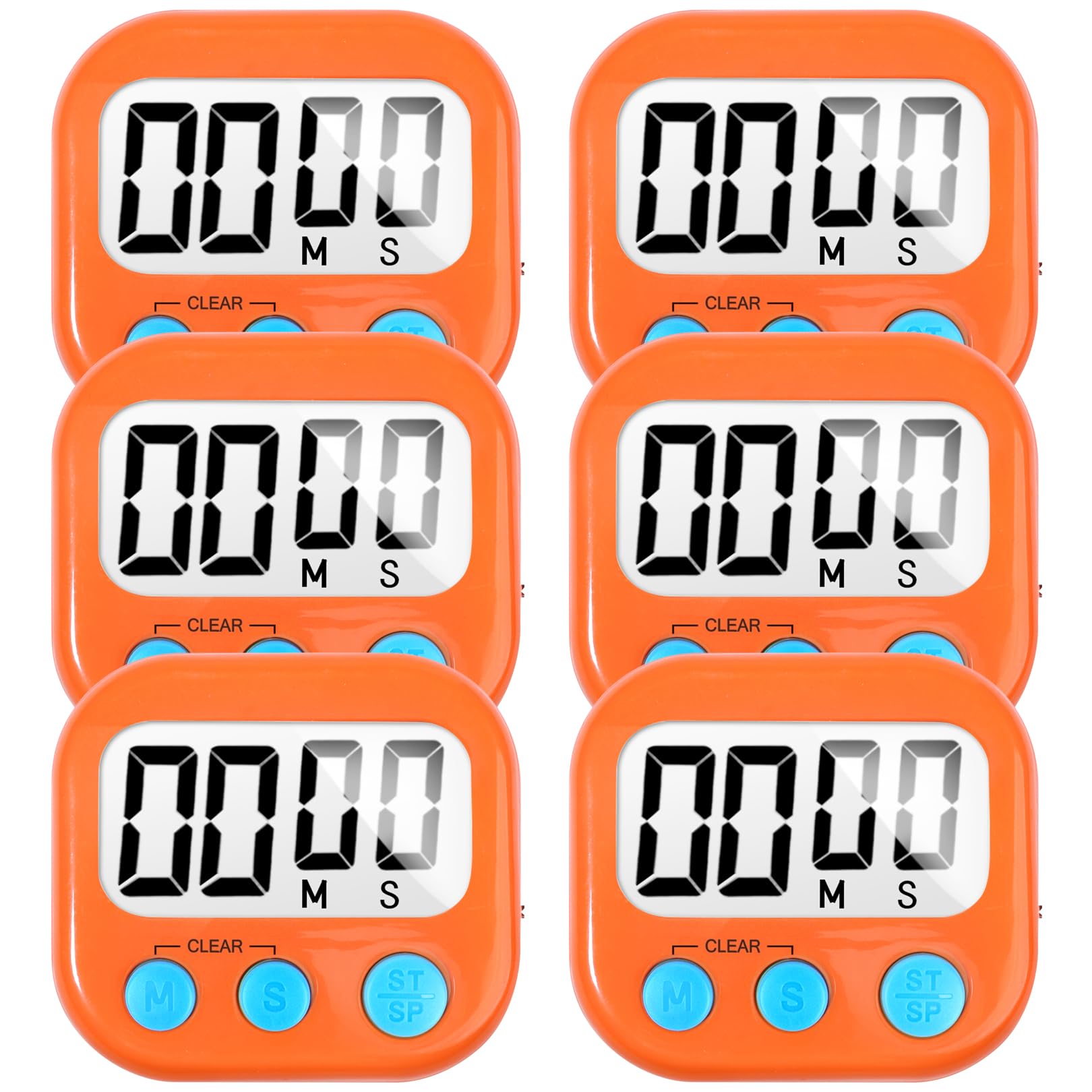 6 Pack Digital Kitchen Timer for Cooking Big Digits Loud Alarm Magnetic Backing Stand Cooking Timers for Baking Orange