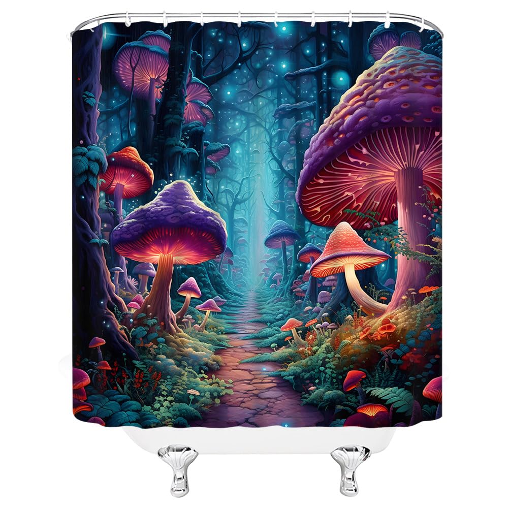 Wanvyon Mushroom Shower Curtain Vintage Botanical Trippy Wild Plants Fantasy Fairy Tale Forest Bathroom Decor Polyester Curtains