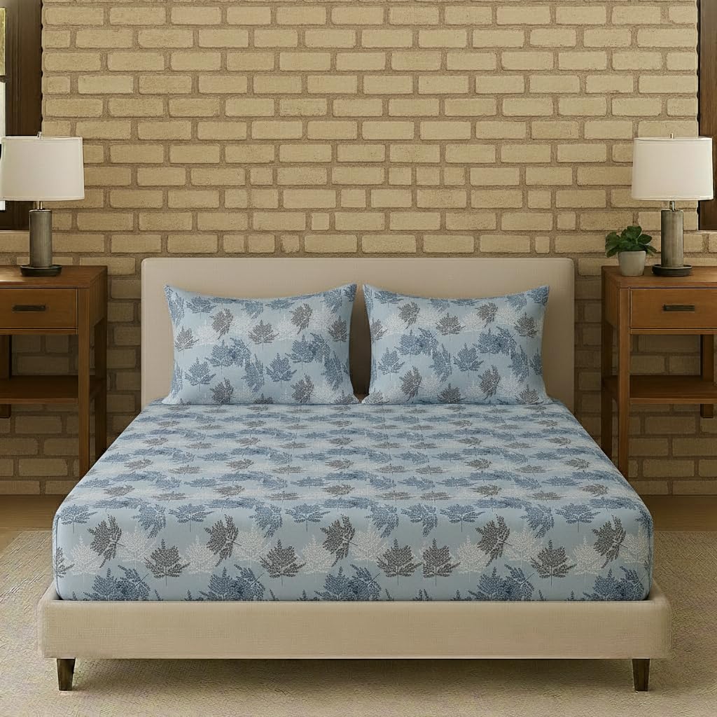 Trance Home Linen Pure 100% Cotton 144Tc Printed King Fitted Bedsheet with 2 Pillow Covers (78 X 72 Inch, Ferns Paradise Blue), 