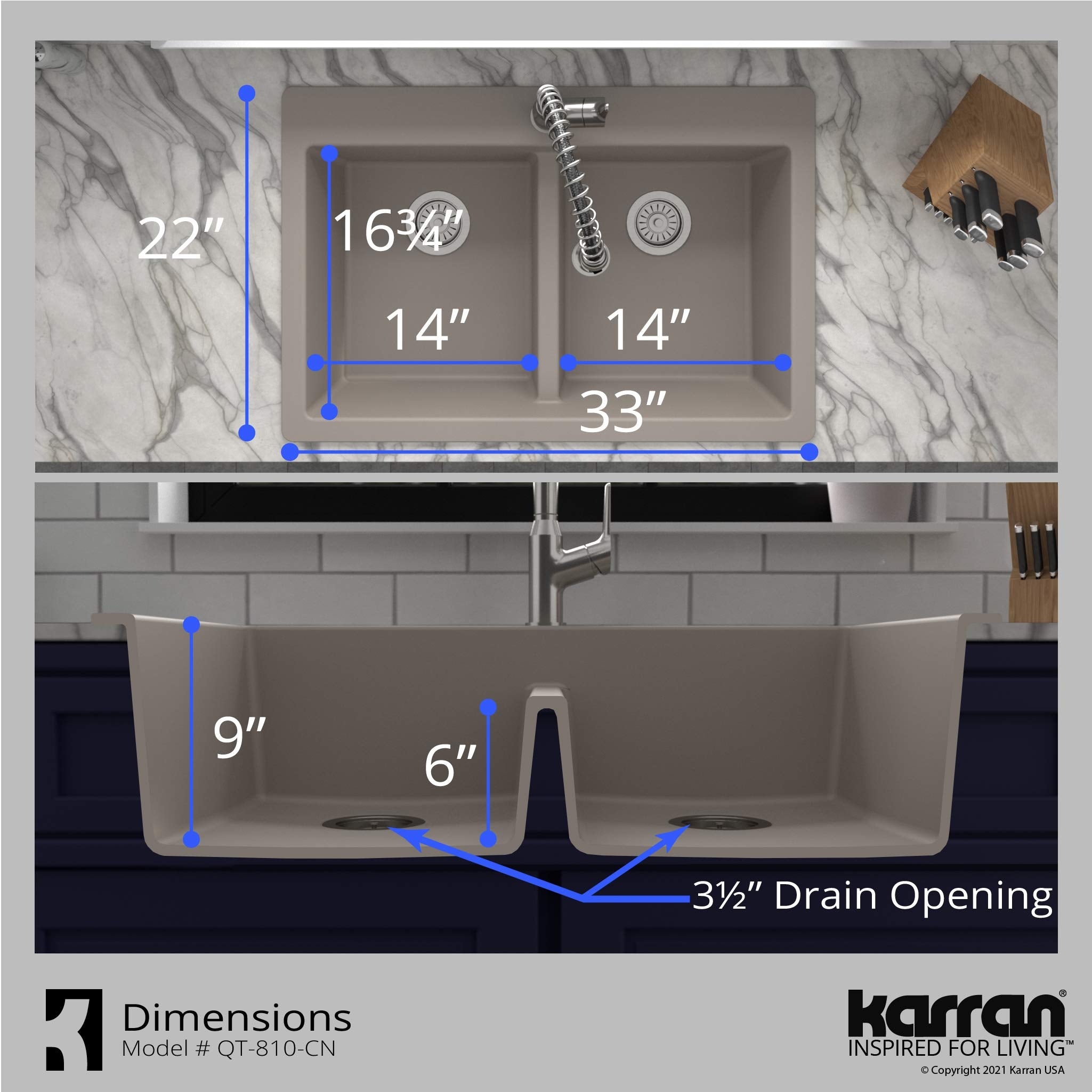 Karran Qt-810 33'' Top Mount Double Equal Bowl Quartz Kitchen Sink In Concrete