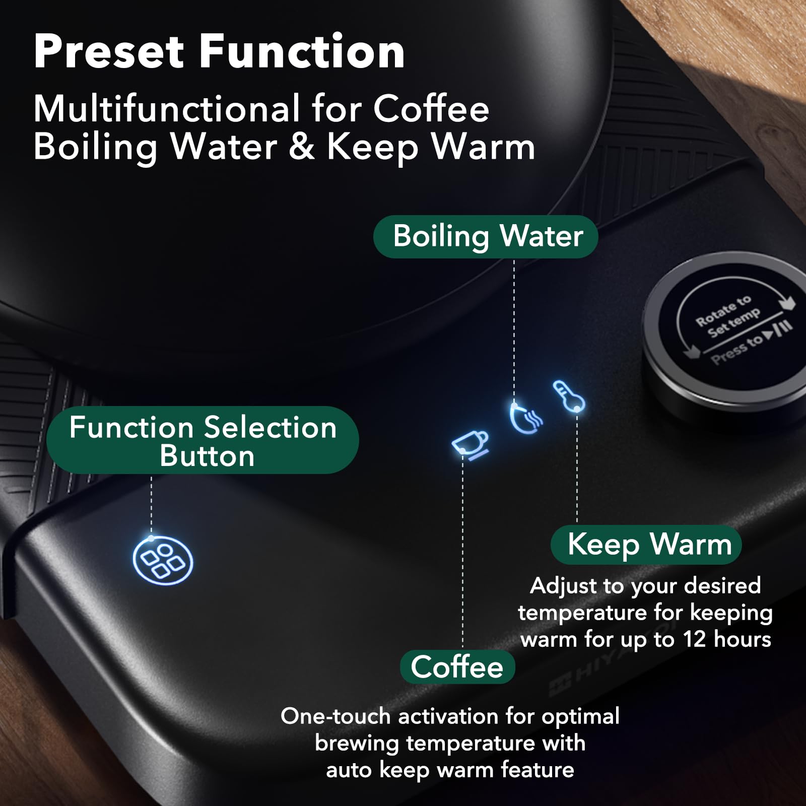 HIYAKOI Electric Kettle, Gooseneck with Temperature Control, 0.8L Stainless Steel, Black, Model KFJ-D10Z1, Quick Heating, Keep Warm