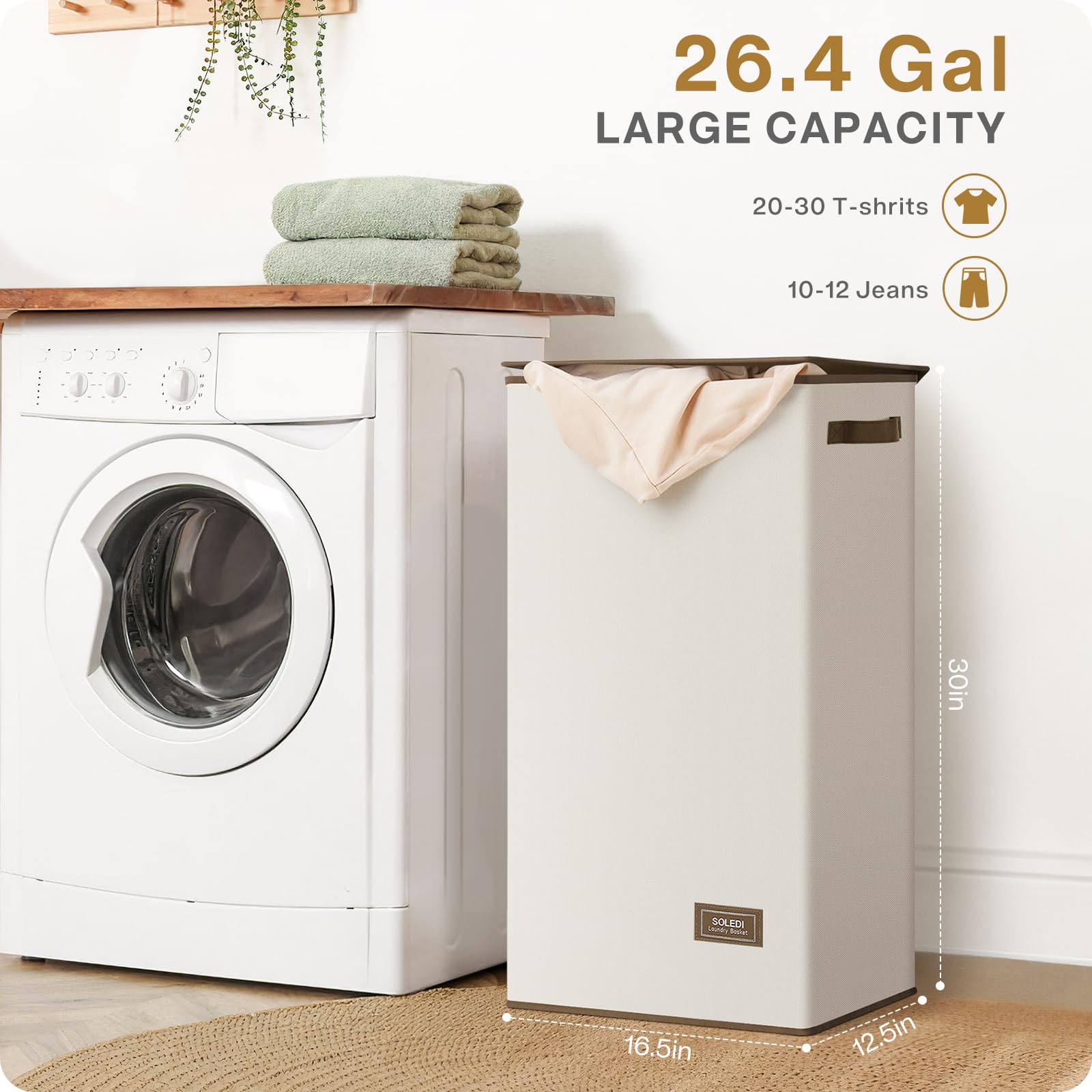 SOLEDI Laundry Hamper with Lid - 100L XL - Large Laundry Basket with Removable Bag  Collapsible Laundry Baskets  Convenient Storage - Hampers for Laundry for Bedroom  Bathroom  Closet  Dorm  Off-White