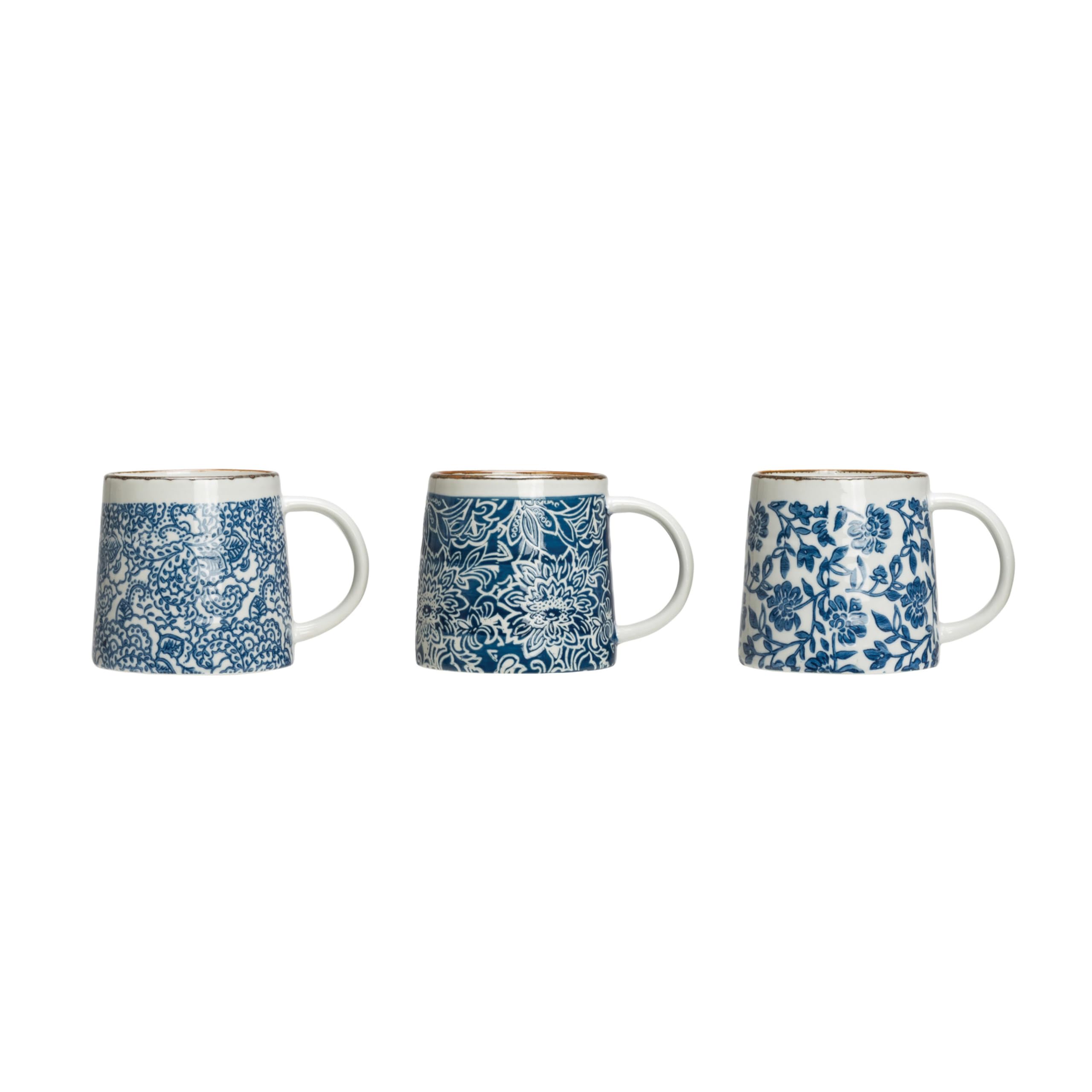 Creative CoOp Blue & White HandStamped Stoneware Mug with Gold Rim (Set of 3 Patterns) Mugs & Cups, Blue