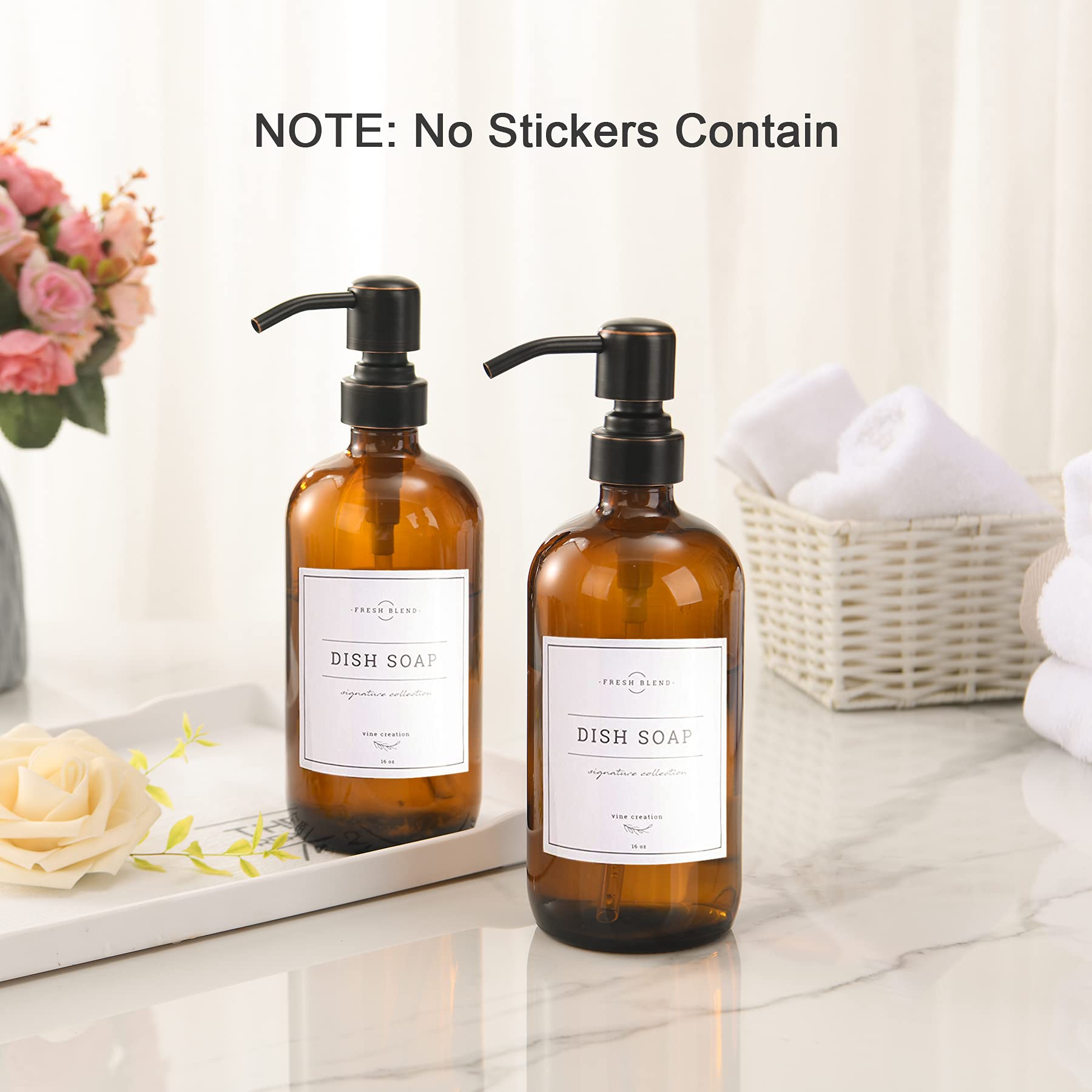 Amazerbath Amber Glass Soap Dispenser, 2 Pack Thick Glass Soap Dispenser With Bronze Stainless Steel Pumps, 17 Oz Hand Soap Disp