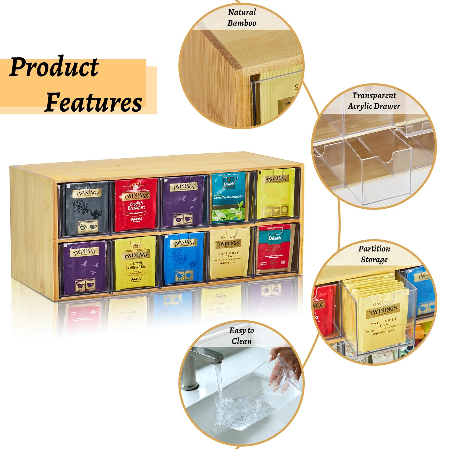 TIMIEEYA Bamboo Tea Bag Organizer with Drawer, 2 Layer Natural Wood & Acrylic Storage for Kitchen, Office, Cabinet