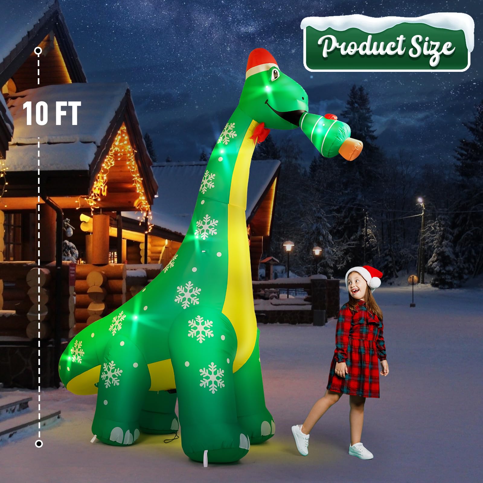 CACIRAL 10 FT Dinosaur Christmas Inflatable Outdoor Decoration, Lighted Dinosaur Christmas Blow Up with Xmas Hat and Tree, Xmas