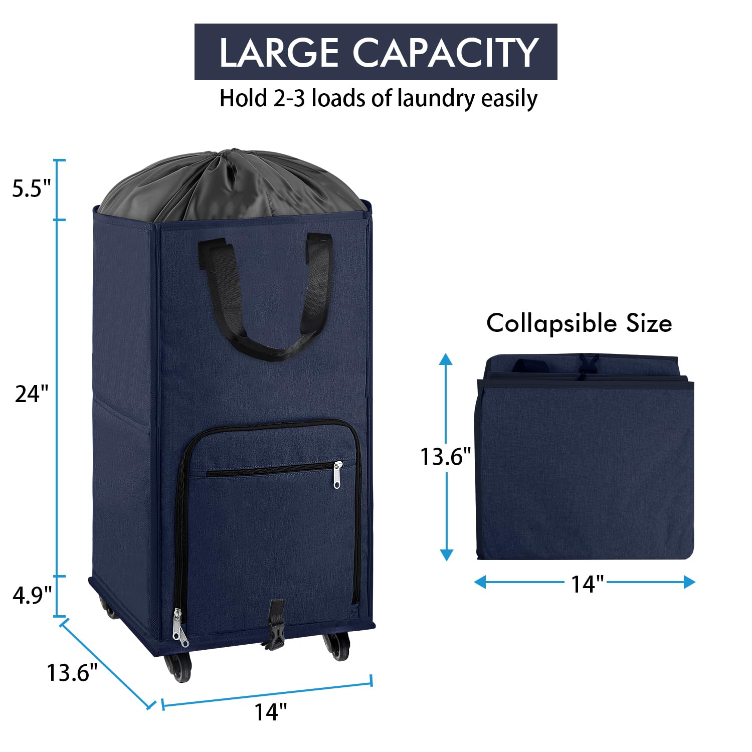 Bukere Large Rolling Laundry Basket, Laundry Hamper With Wheels, 4 Casters And 2 Handles, Collapsible Freestanding Wheeled Laund