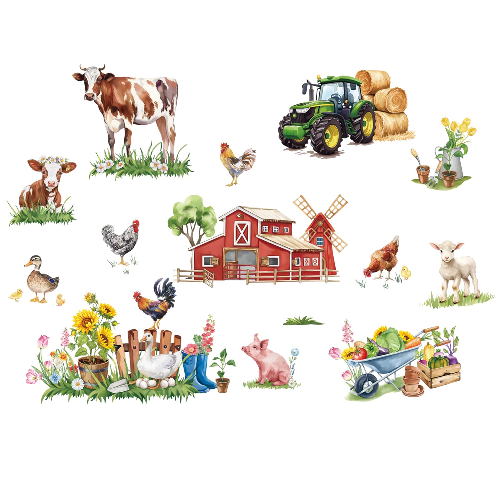 FUFUQUARE 8 Sheets Farm Animals Wall Decals Farmhouse Cow Rooster Truck Wall Stickers Peel and Stick Wall Decor for TV Living Ro