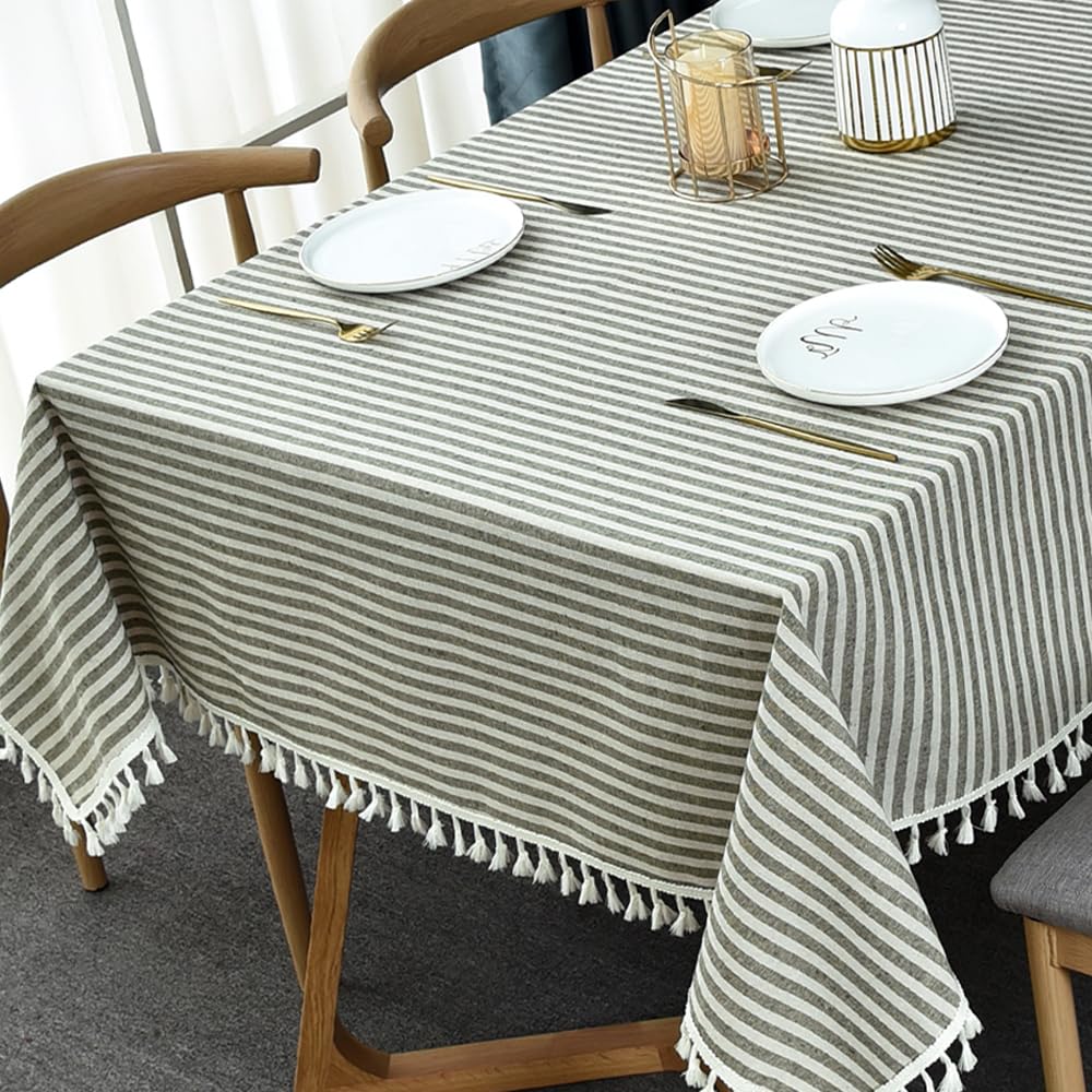 Trudelve Cotton Blend Tablecloth Green Striped Tablecloth With Tassels Boho Tablecloths For Rectangle Tables (Green,86 ''X55 '',