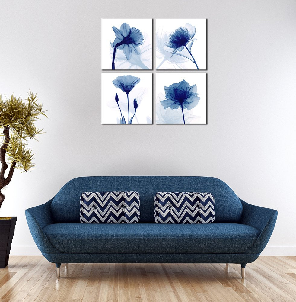 Pyradecor Large Blue Flickering Flower Modern Abstract Paintings Canvas Wall Art Gallery Wrapped Grace Floral Pictures On Canvas