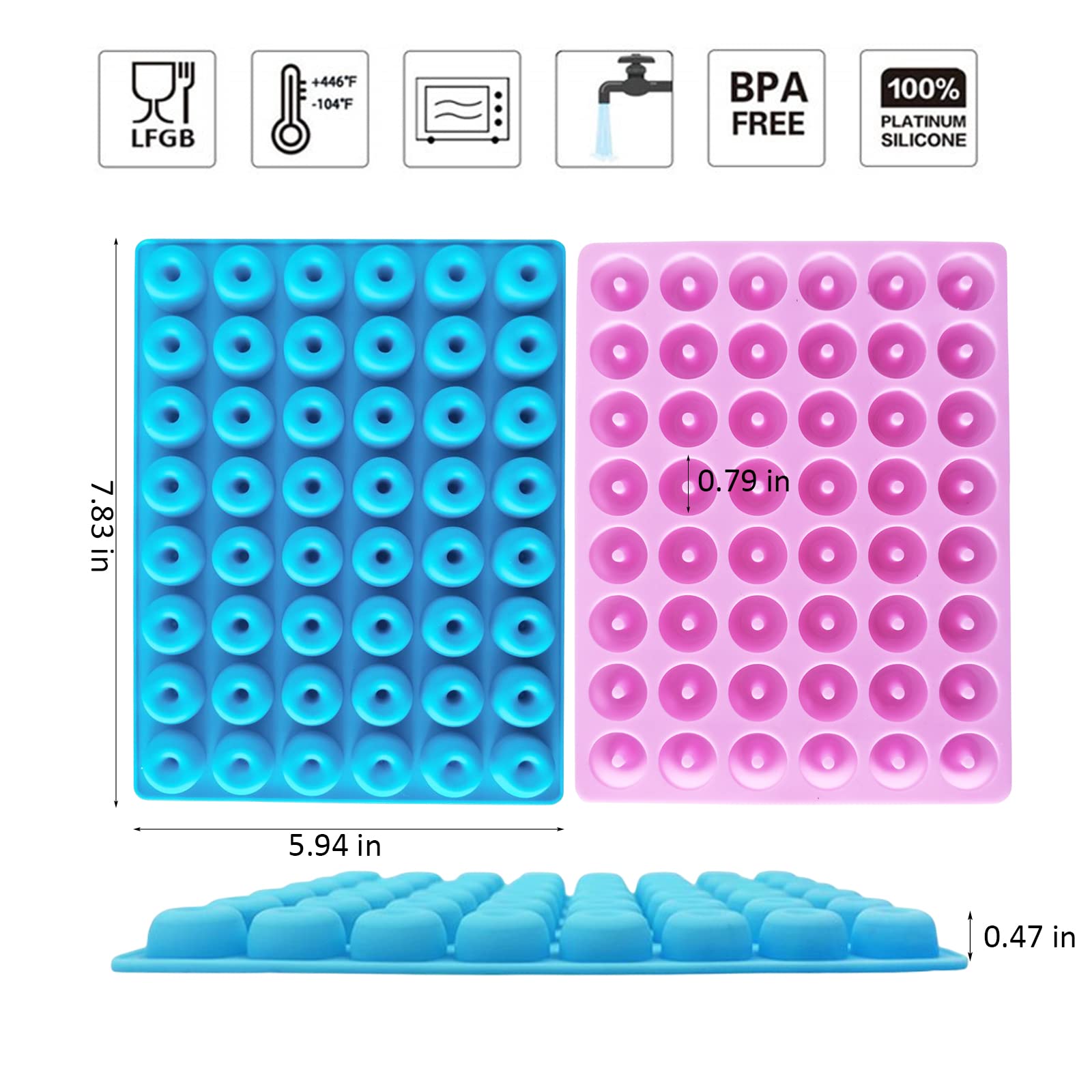 2 Pack Mini Silicone Donut Molds, 48 Cavity Mini Donut Silicone Gummy Candy Molds, Non-Stick Doughnut Pan For Jelly Cookies Ice