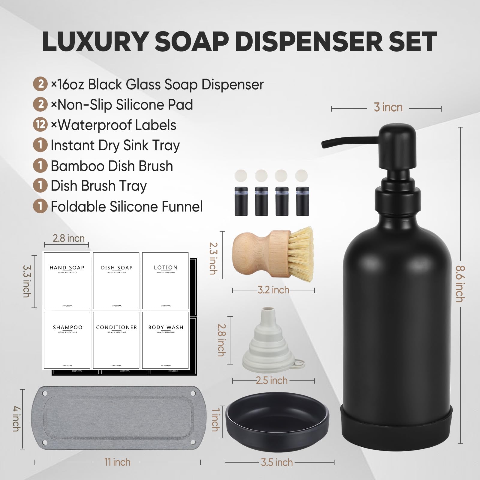 Neeczs Kitchen Soap Dispenser Set With Instant Dry Tray,16 Oz Hand And Dish Soap Black Glass Dispenser Set,Stainless Steel Pump,