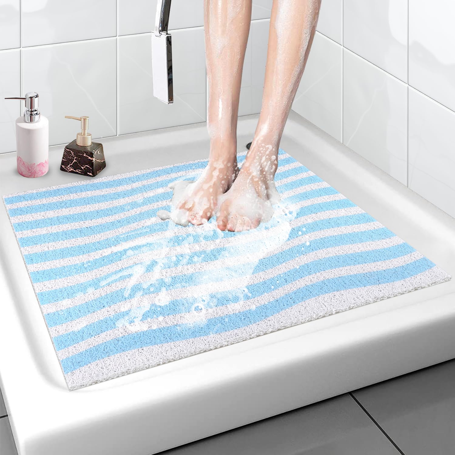 Non Slip Shower Mat, 24X24 Inch, Soft Comfortable Shower Floor Mat With Drain, Pvc Loofah Bath Mat For Shower, Bathroom And Wet