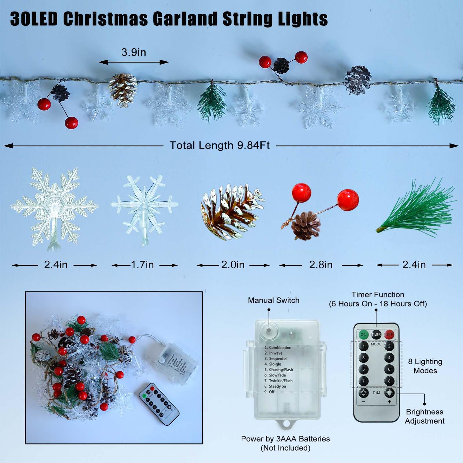 30 Led 10ft Christmas Garland Snowflake Lights, Pine Cones Red Berry Battery Operated Fairy String Lights 8 Lighting Modes with