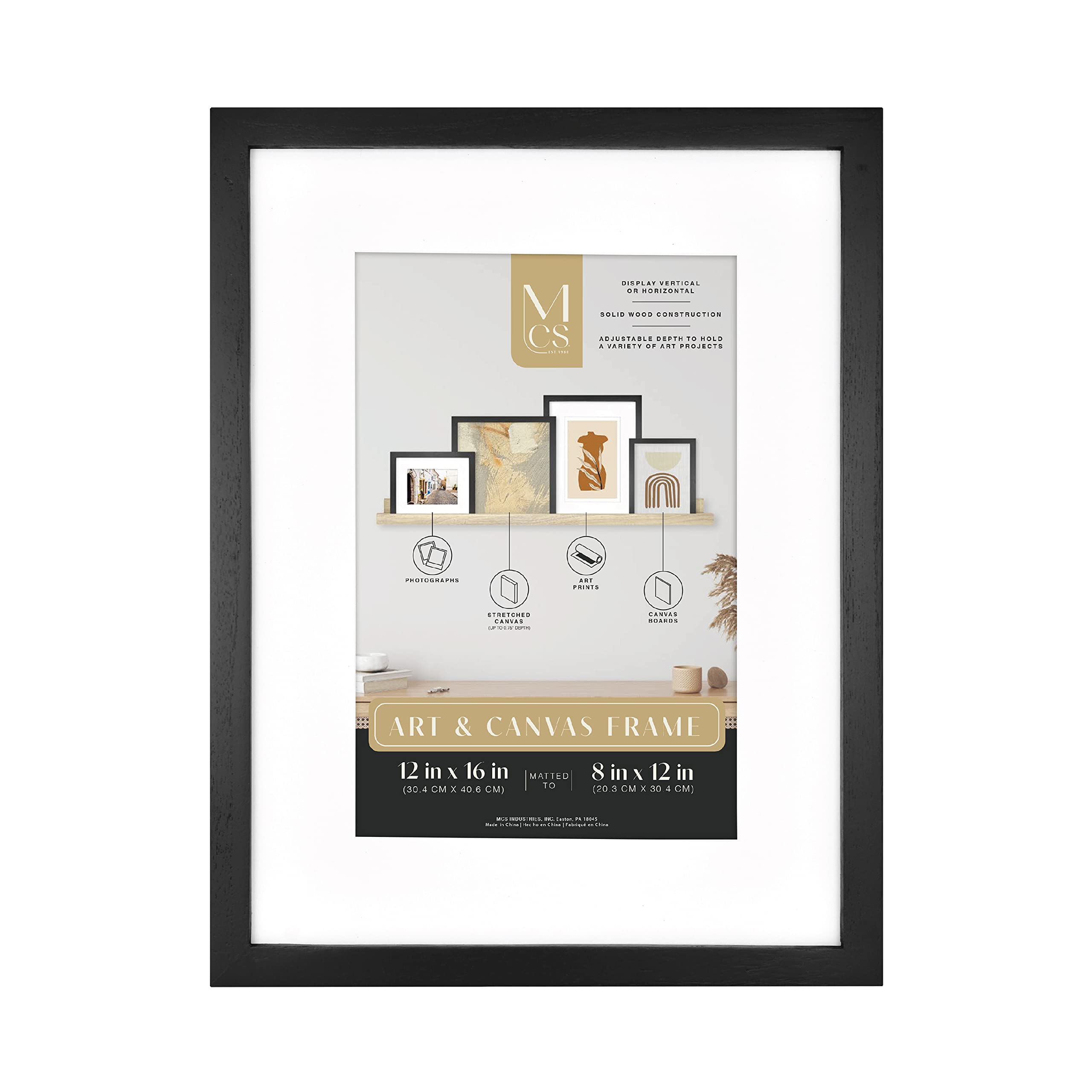 MCS Gallery Wooden Frame for Canvas, Art Boards, Photos and more, Black, 12x16 with 8x12 Mat