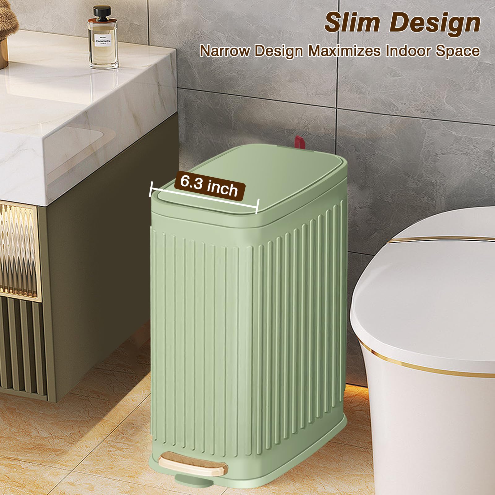 Slim Trash Can For Bathroom With Air Freshener Soft Close Lid, 6 Liter/ 1.6 Gallon Stainless Steel Garbage Can With Removable In