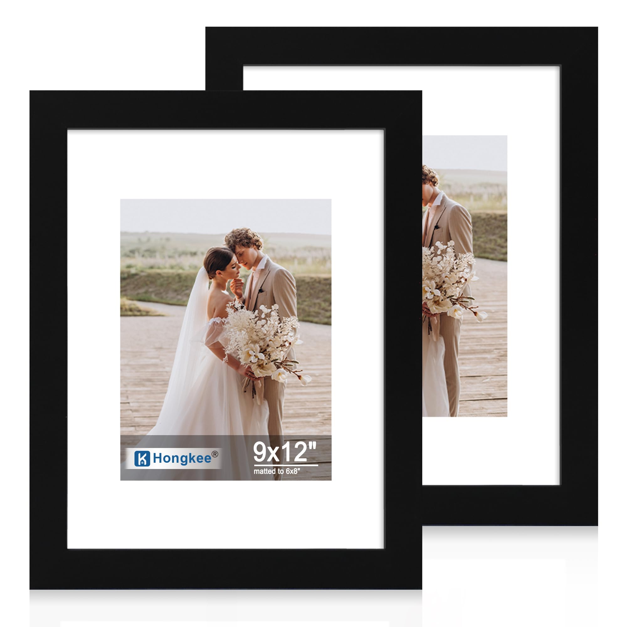 Hongkee 9x12 Picture Frame Set of 2, Made of Real Glass and Black Wooden Frame - Display Pictures 6x8 with Mat or 9x12 Without M