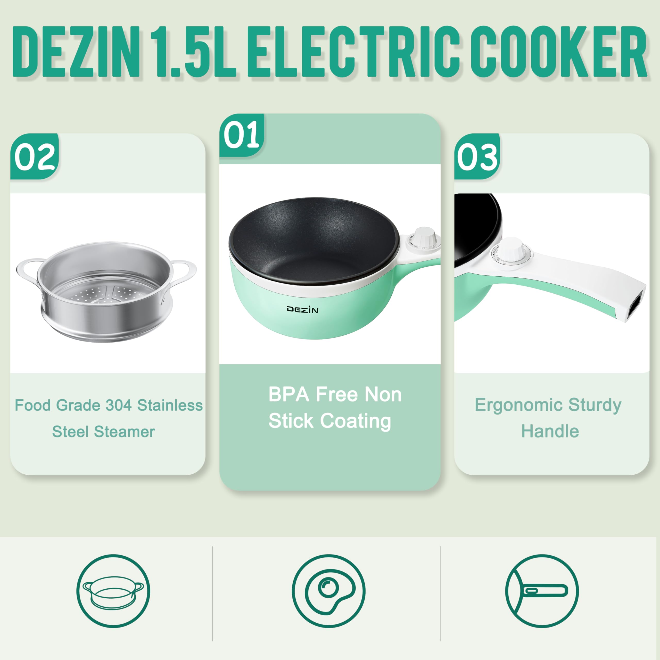 Dezin Hot Pot Electric With Steamer Upgraded, Non-Stick Saut   Pan, Rapid Noodles Electric Pot, 1.5L Mini Pot For Steak, Egg, Fr