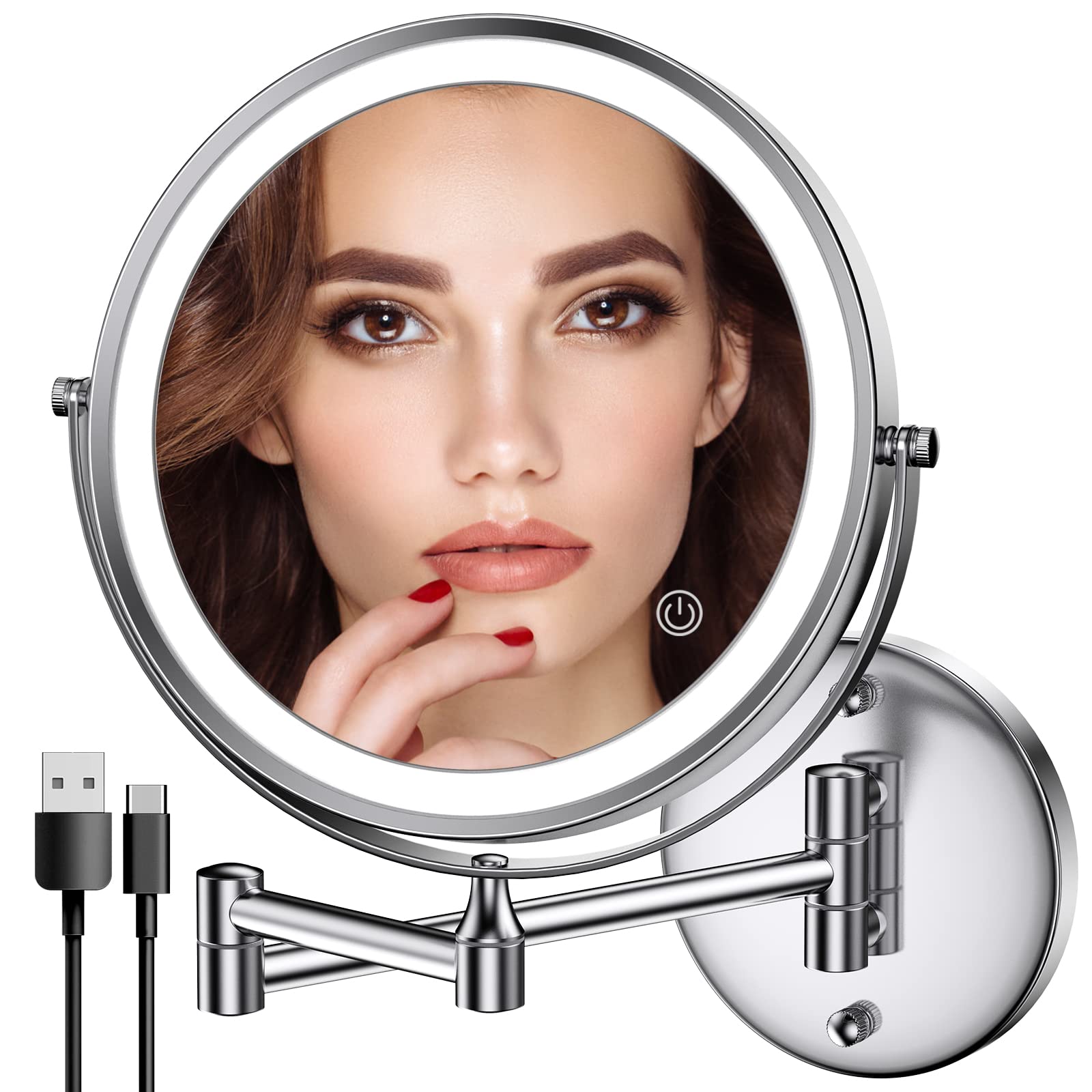 Rocollos Rechargeable Wall Mounted Lighted Makeup Mirror Chrome, 8 Inch Double-Sided Led Vanity Mirror 1X/10X Magnification,3 Co