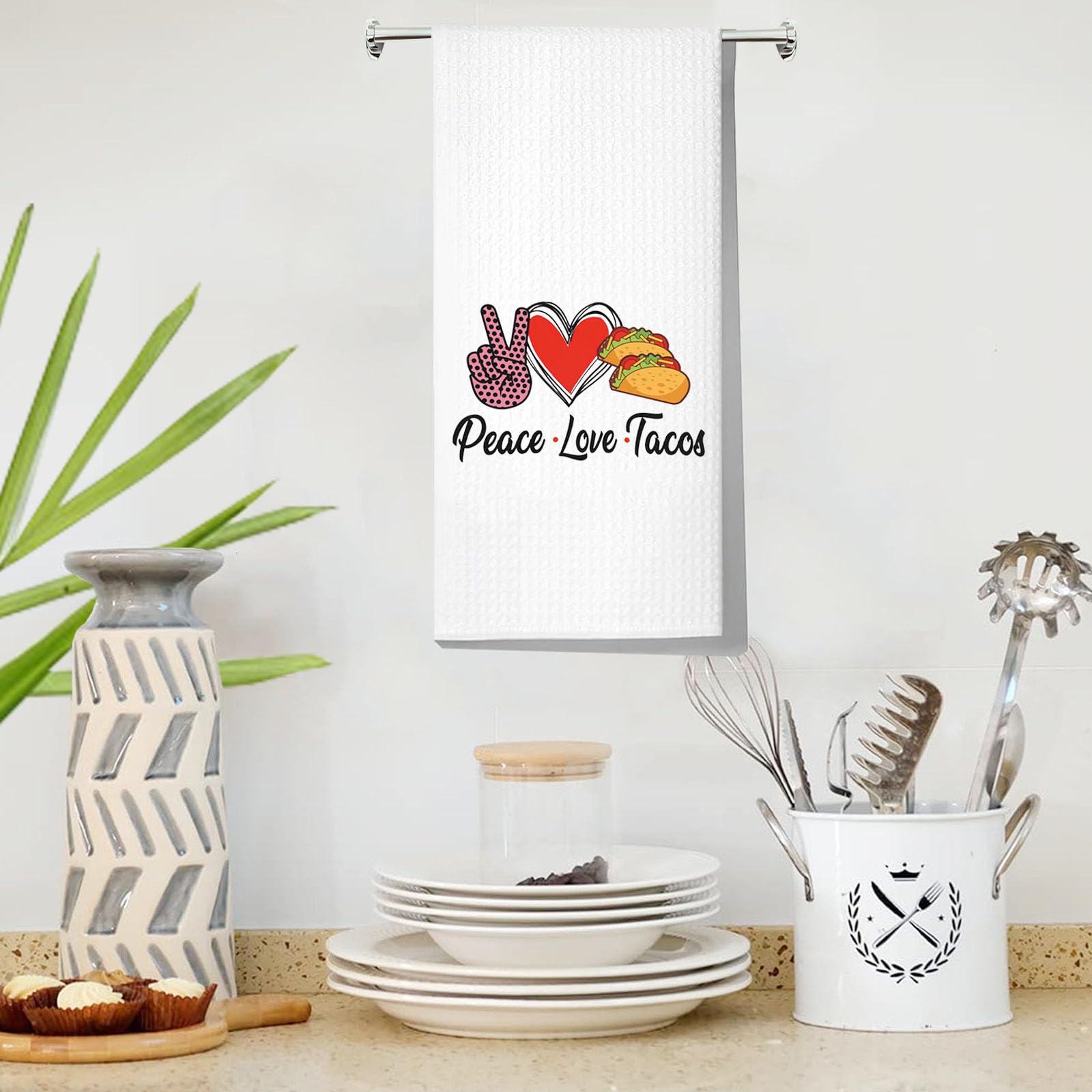 Levlo Funny Tacos Kitchen Towel Tacos Lover Gift Peace Love Tacos Tea Towels Housewarming Gift Waffle Weave Kitchen Decor Dish T