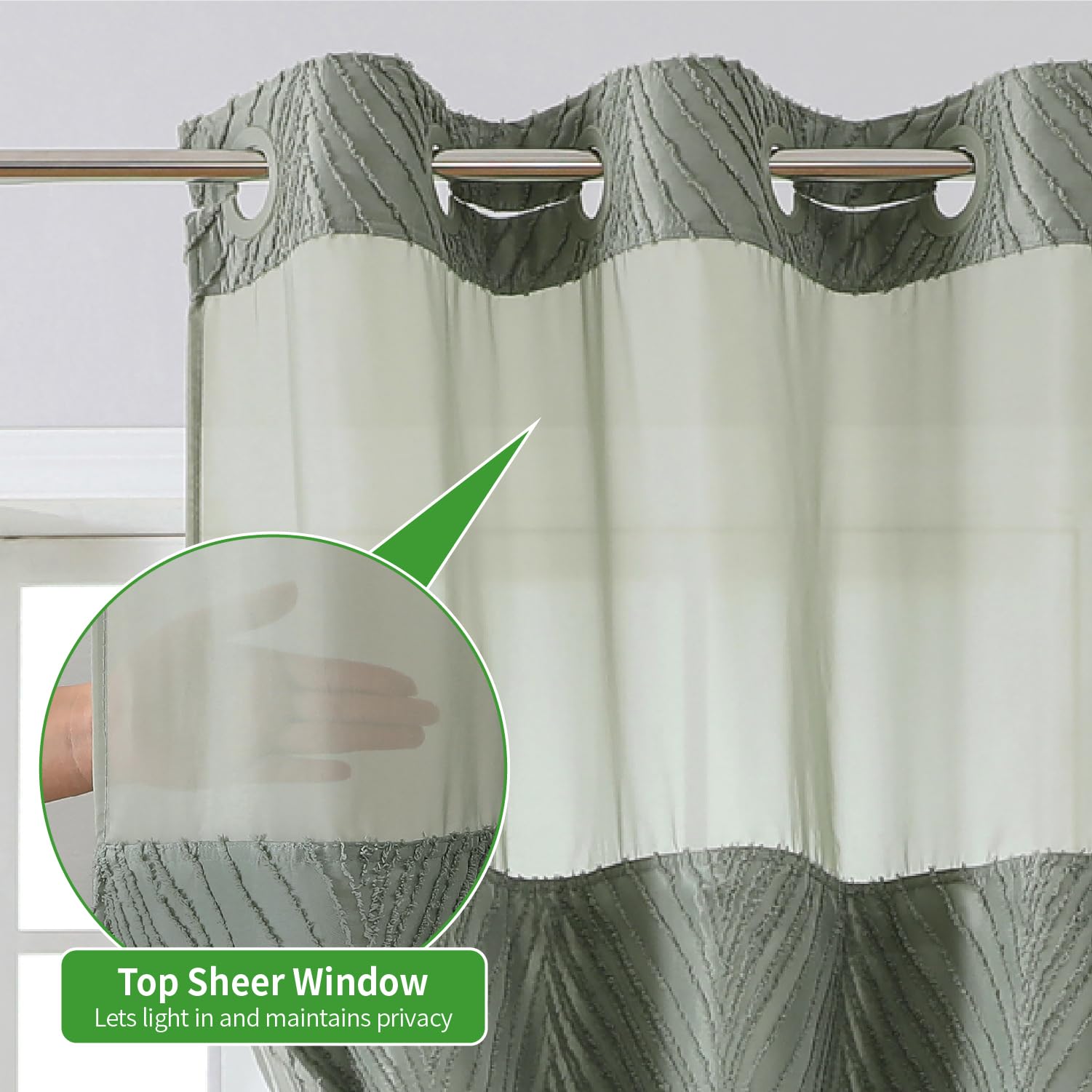 Eachope No Hook Shower Curtain And Liner Set,Boho Style With See Through Top Window, Sagegreen Fabric Tufted Striped Textured Ou