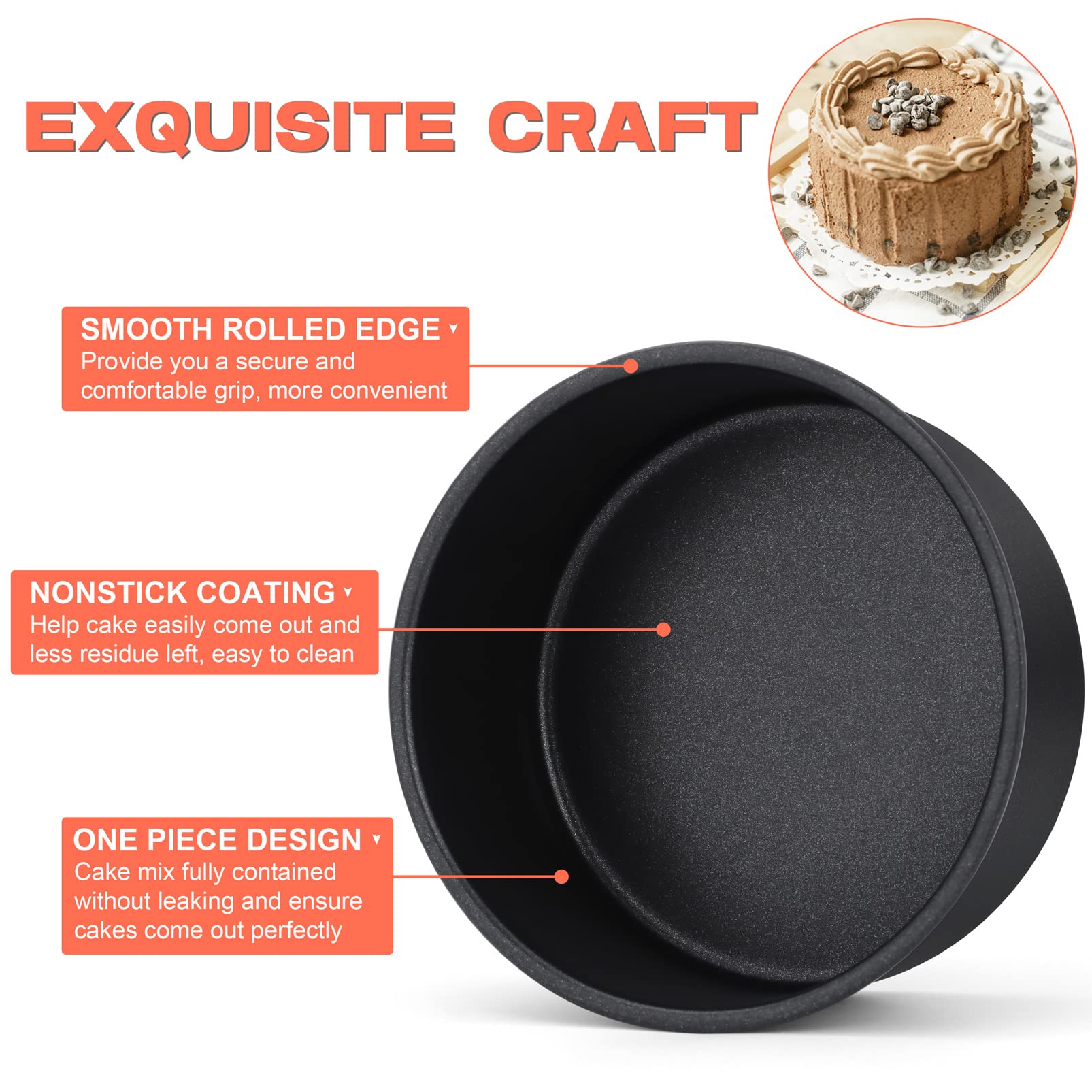 Teamfar Cake Pan, 6 X 2.75 Coated Birthday Wedding Cake Pan Round Baking Pans, With Stainless Steel Core & Non-Stick Coating, To