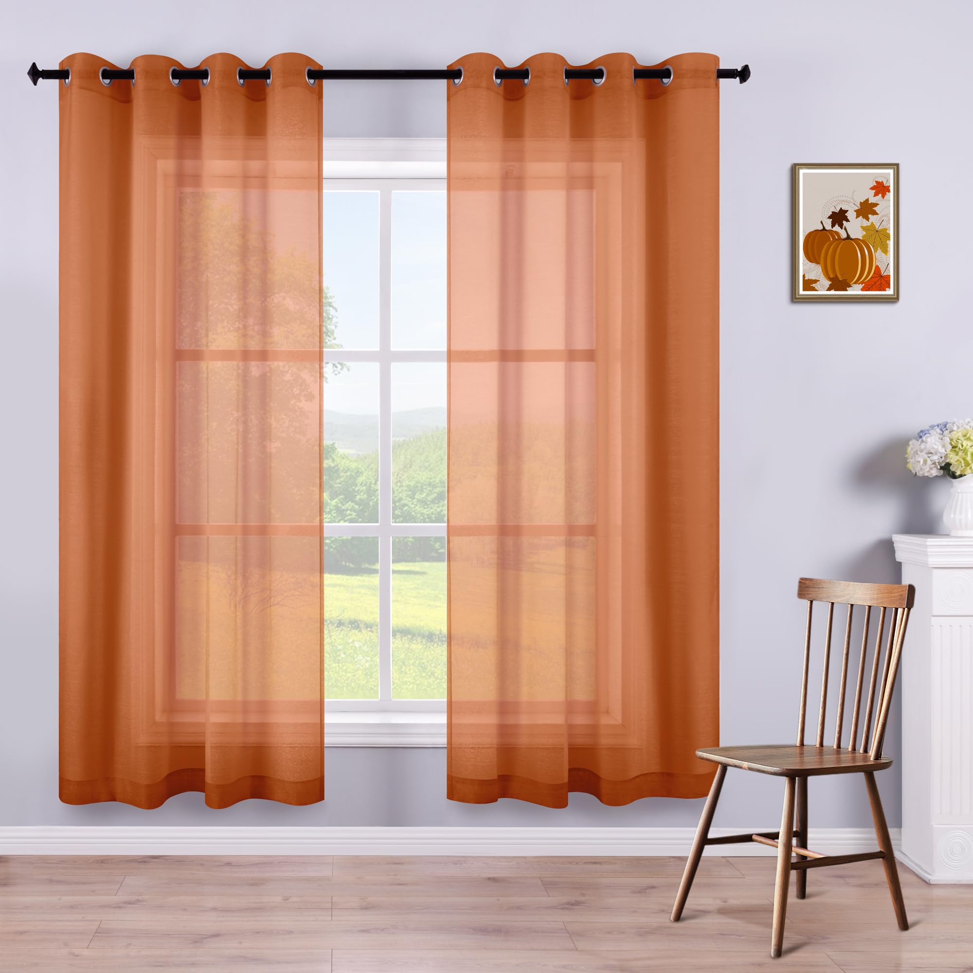 KOUFALL Orange Boho Curtains 2 Panels for Bedroom,Sheer Bohemian Curtains for Living Room Kitchen 63 Inch Length