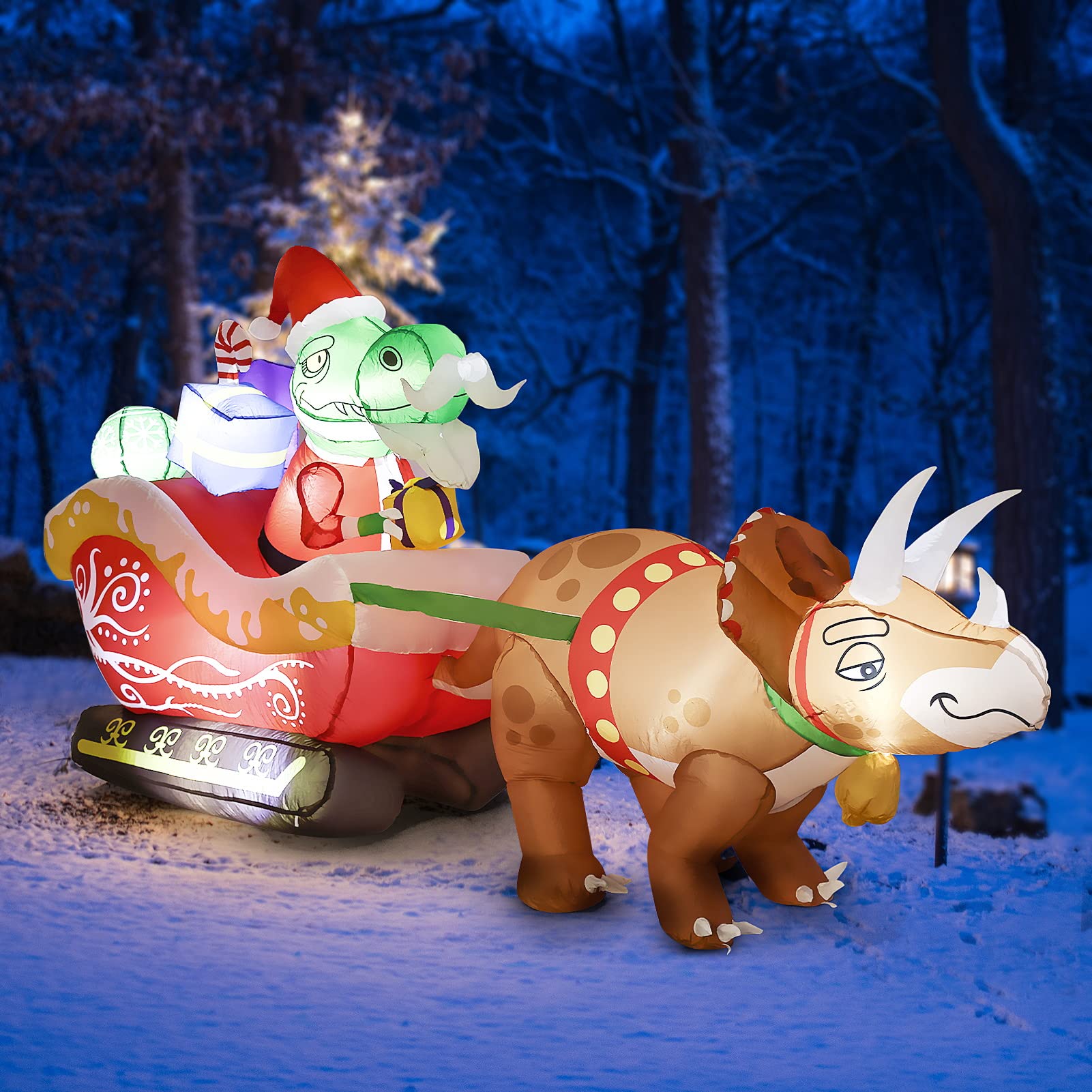 WBHome 10 Ft Long Christmas Inflatable Dinosaur on Sleigh with Triceratops Outdoor Decorations, Xmas Blow Up Yard Decor with Bui