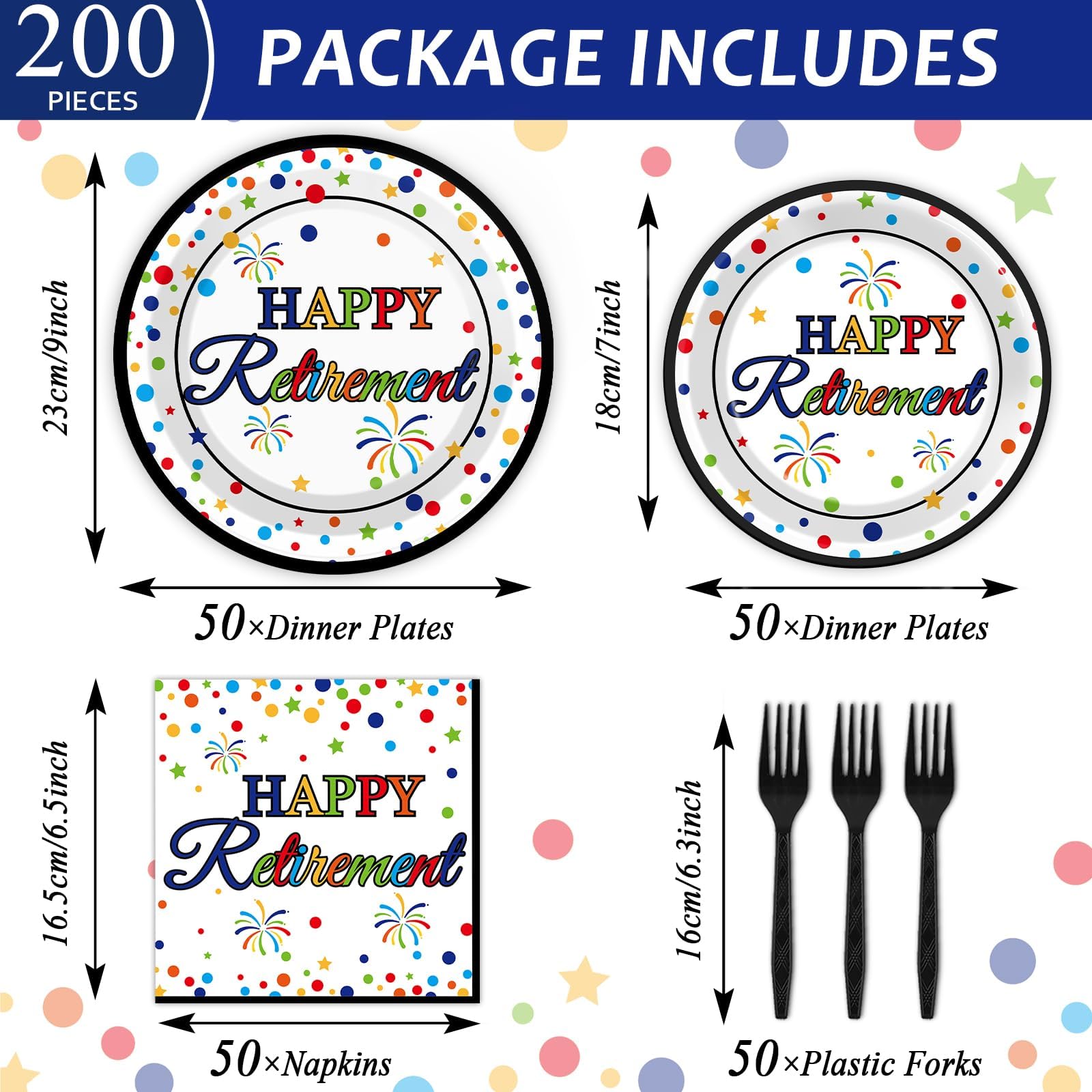 200 Pcs Happy Retirement Party Supplies Serve For 50 Guests Colorful Retirement Tableware Set Table Decor Retired Theme Dessert