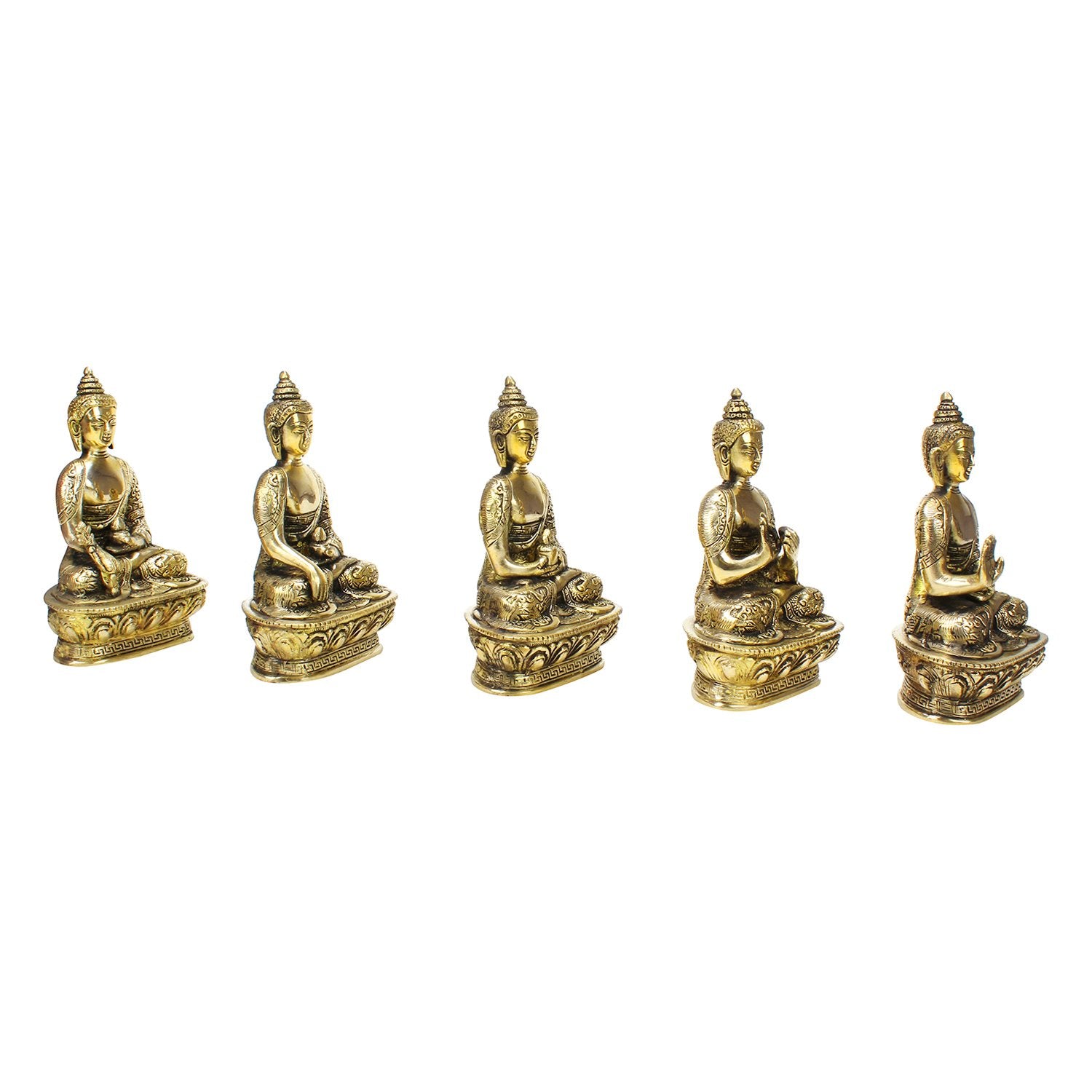 Kartique Brass Buddha Set of 5 Buddha Mudras (Meditation, Bhumisparsha, Dhyana,Dharmachakra and Abhaya Mudra) - Brass Statue Hei