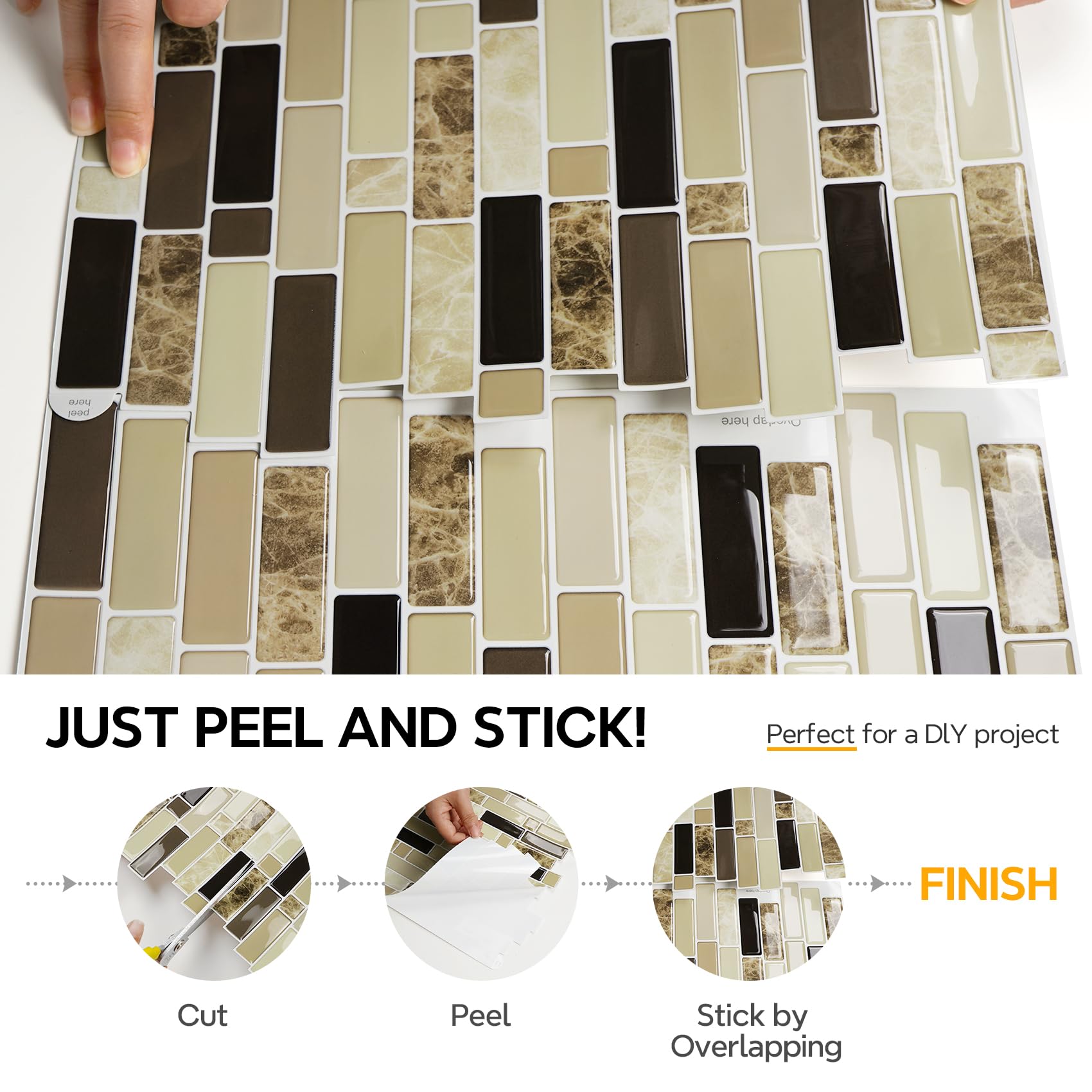Upgraded Vamos Tile 10-Sheet Peel and Stick Backsplash Tile 11.8''x10.8'' Premium Stick On Kitchen Backsplash Peel and Stick Tile(Marble Brown)