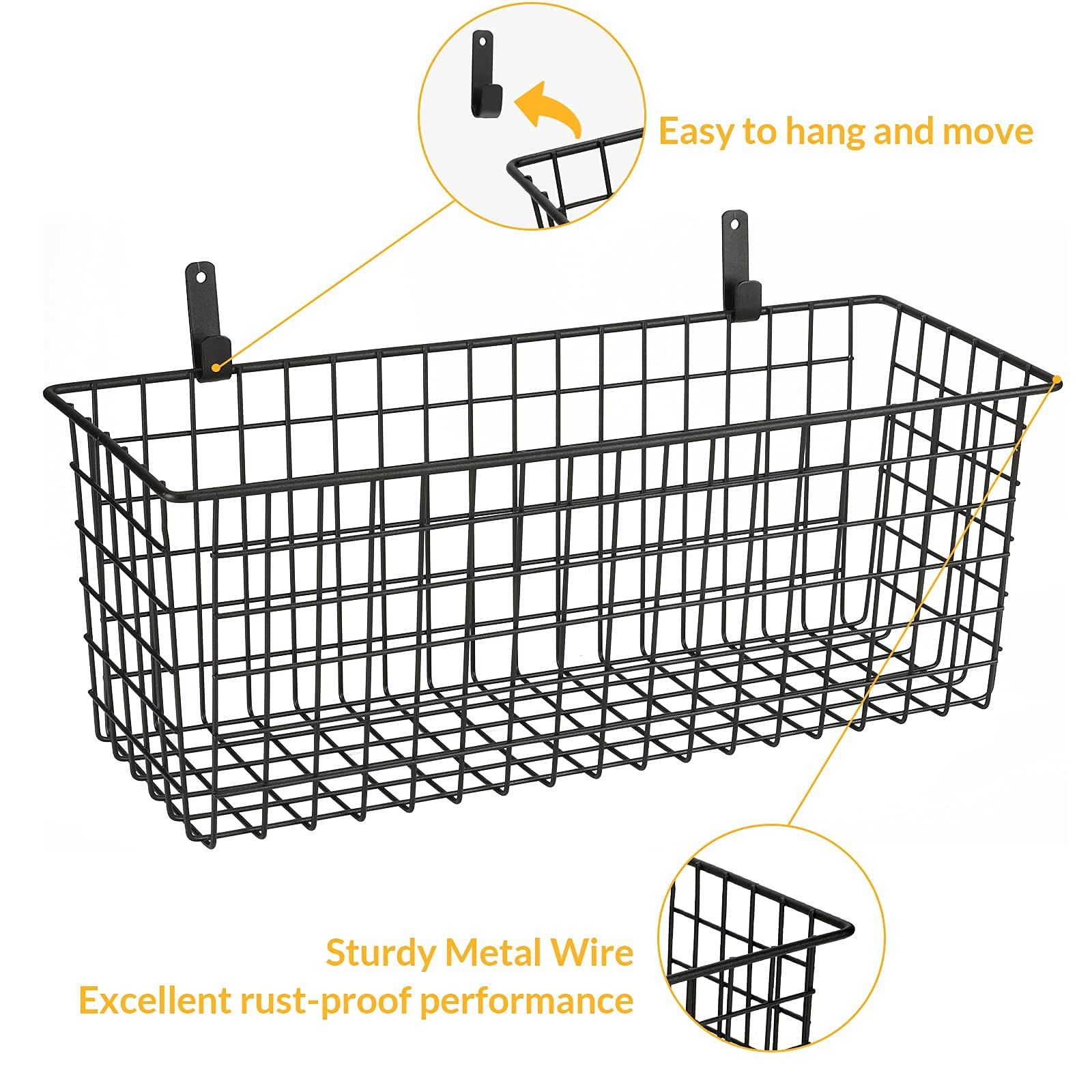 2 Sets Extra Large Hanging Wall Basket, Black Metal Wire Baskets With Steel Hooks For Organizing, Wallmountedfruit Vegetable Toy