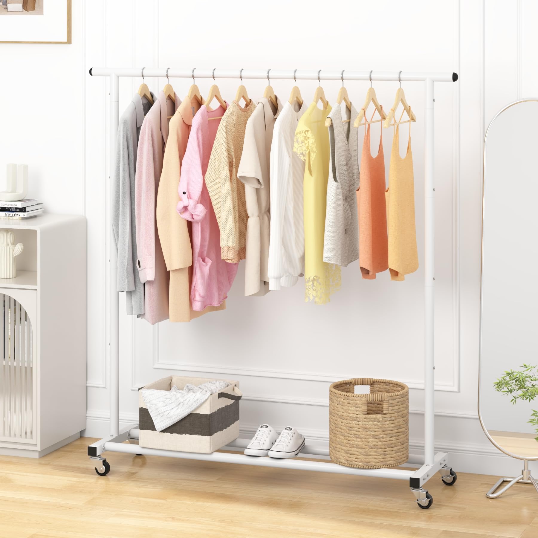 Buzowruil Clothing Rack Clothes Rack Standard Rod Simple Rolling Metal Garment Rack Organizer Freestanding Hanger With Wheels,Wh