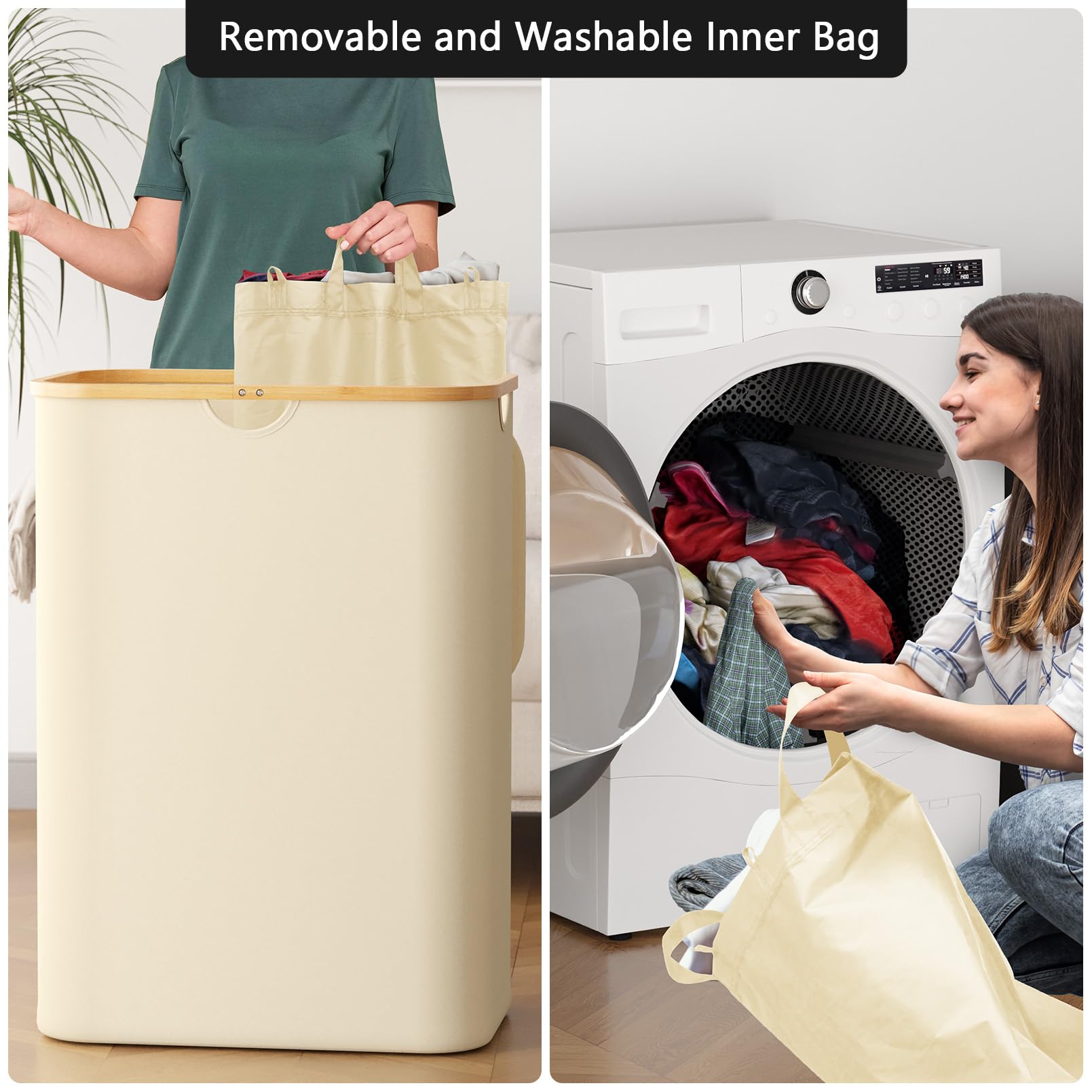 Spaceaid Double Laundry Hamper 2 Section With Lid And Removable Laundry Bags, 160L Clothes Basket With Bamboo Handles, Large Col