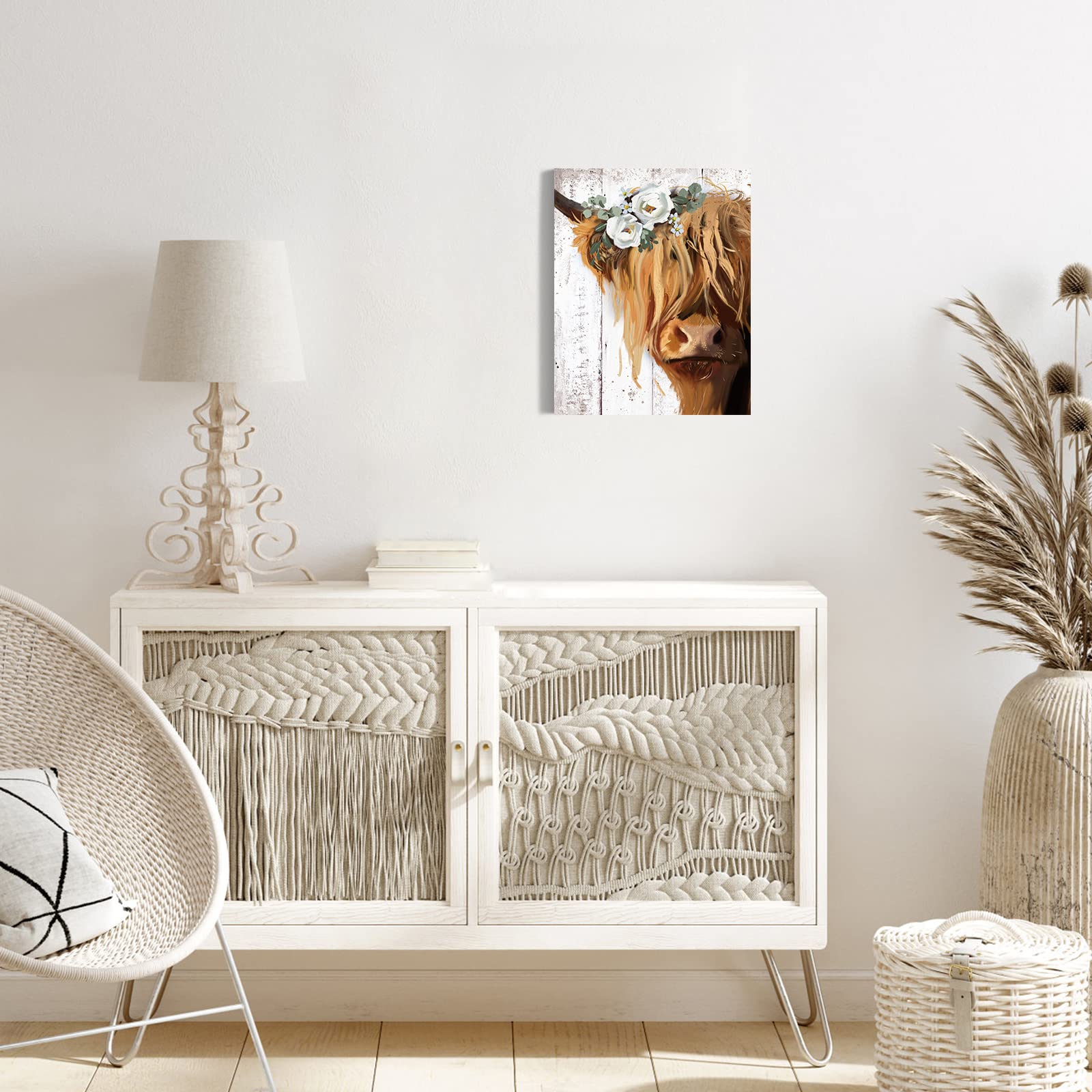 Highland Cow Canvas Wall Art: Cow With White Flower Picture Farmhouse Cow Decor Framed Poster For Bedroom Living Room Home Offic