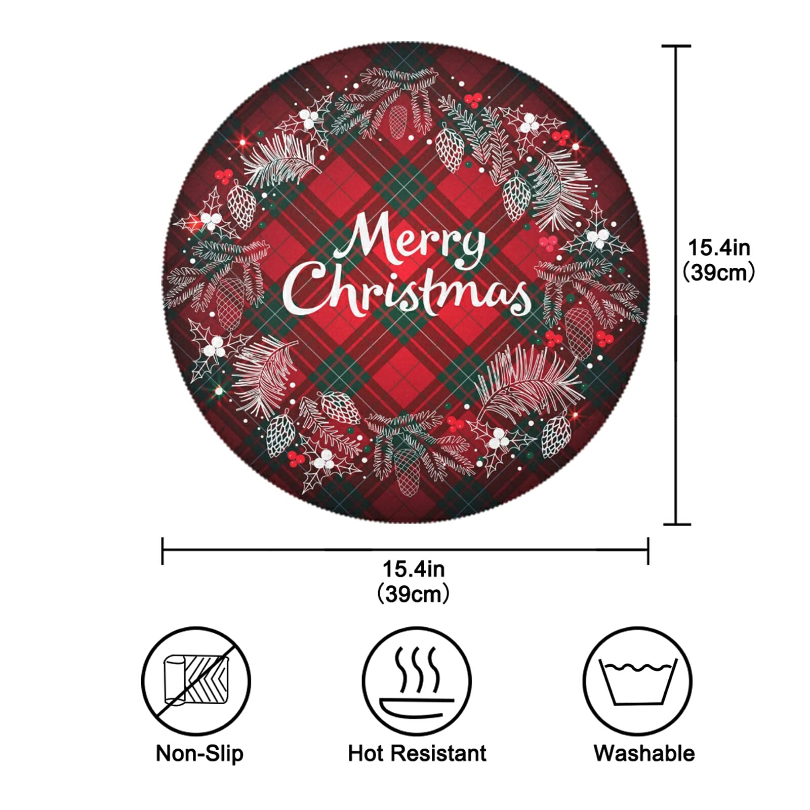 Kcldeci Merry Christmas Round Placemats Set Of 4 For Dining Table, Xmas Place Mats Buffalo Check Plaid Wreath Heat Resistant Kit