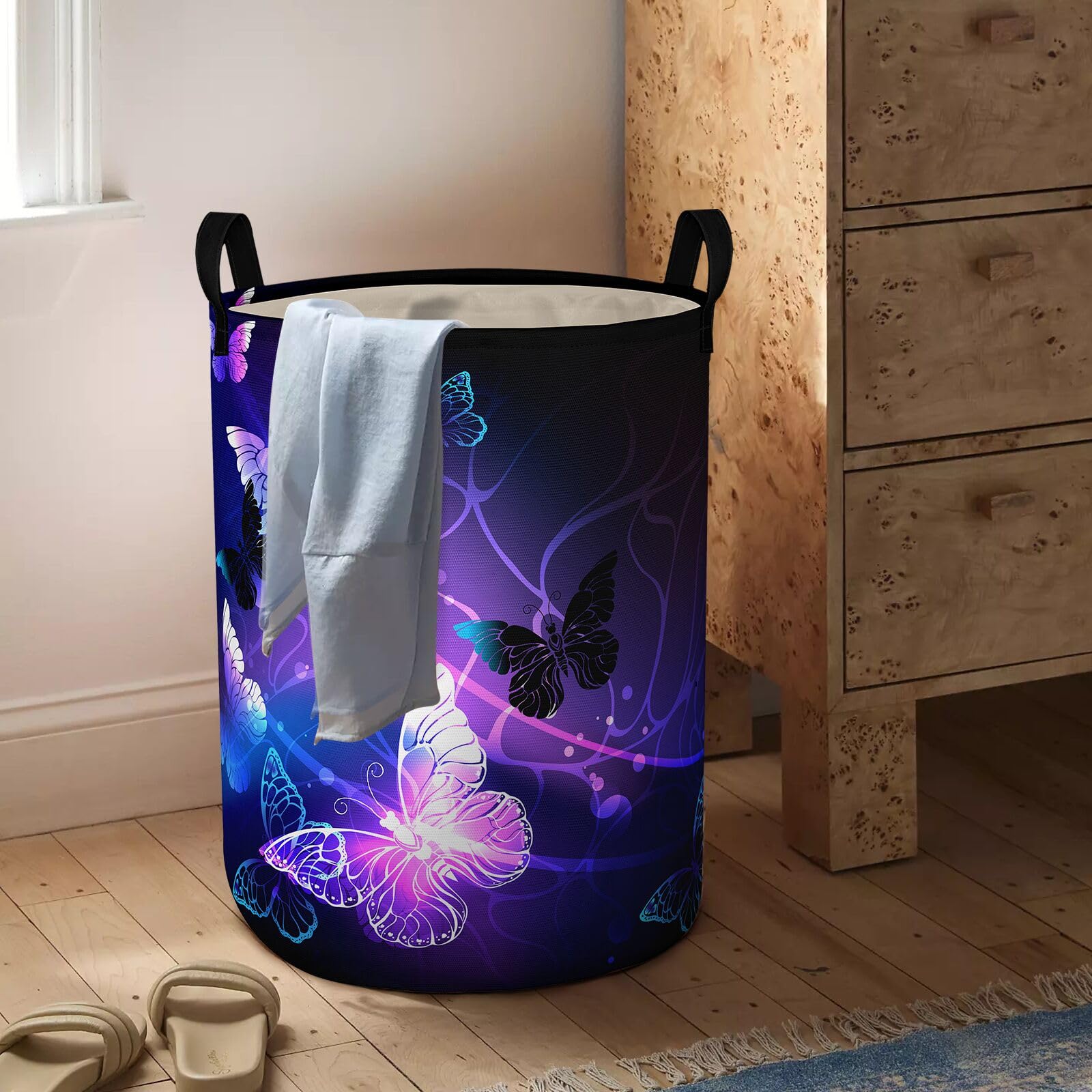 Purple Butterfly Laundry Basket Foldable With Handles Tote Bag Waterproof Oxford Cloth Funny Laundry Hamper Clothes Storage Buck