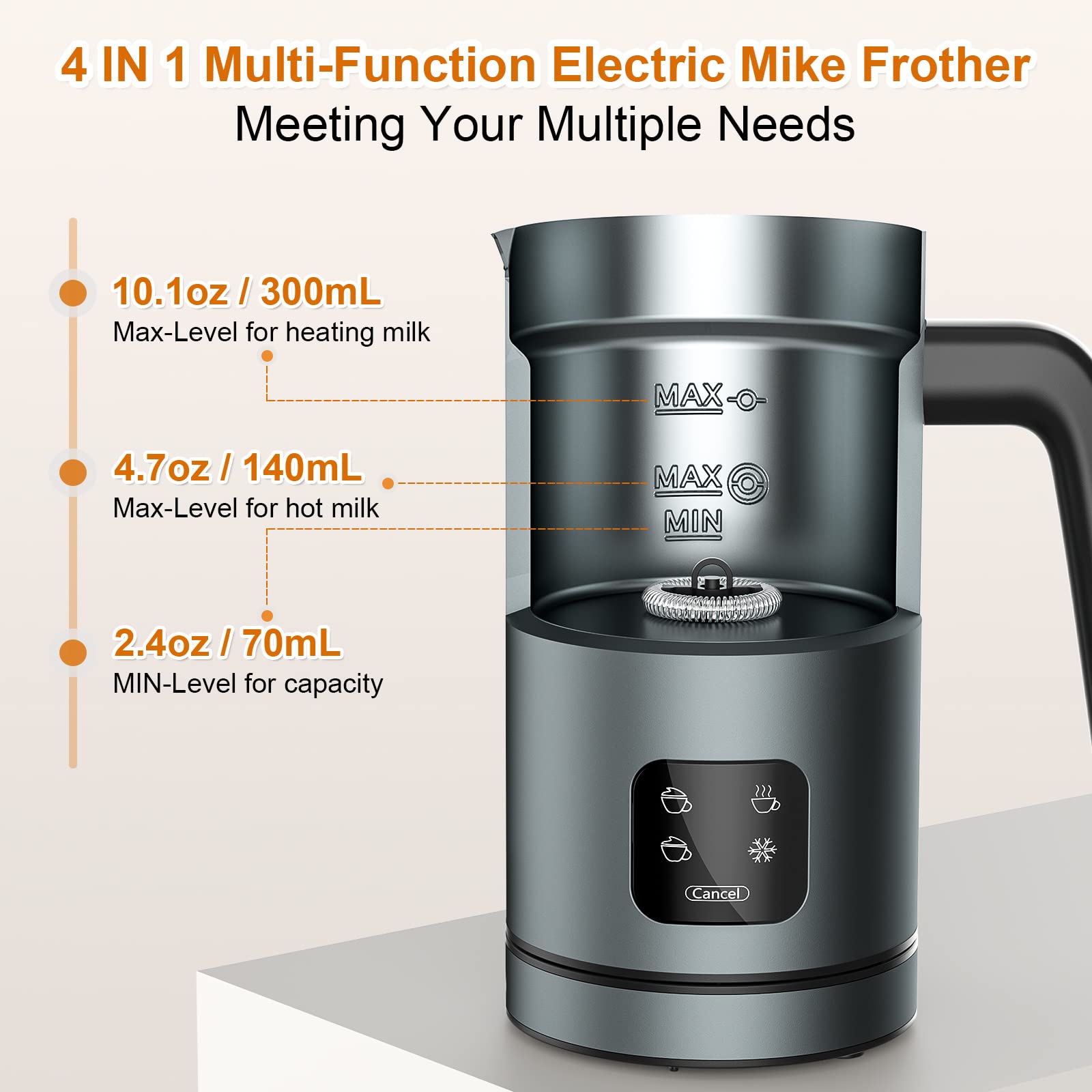 Bizewo Milk Frother Electric, Coffee Frother, Warm And Cold Milk Foamer, 4 In 1 Automatic Milk Warmer Stainless Steel With Touch