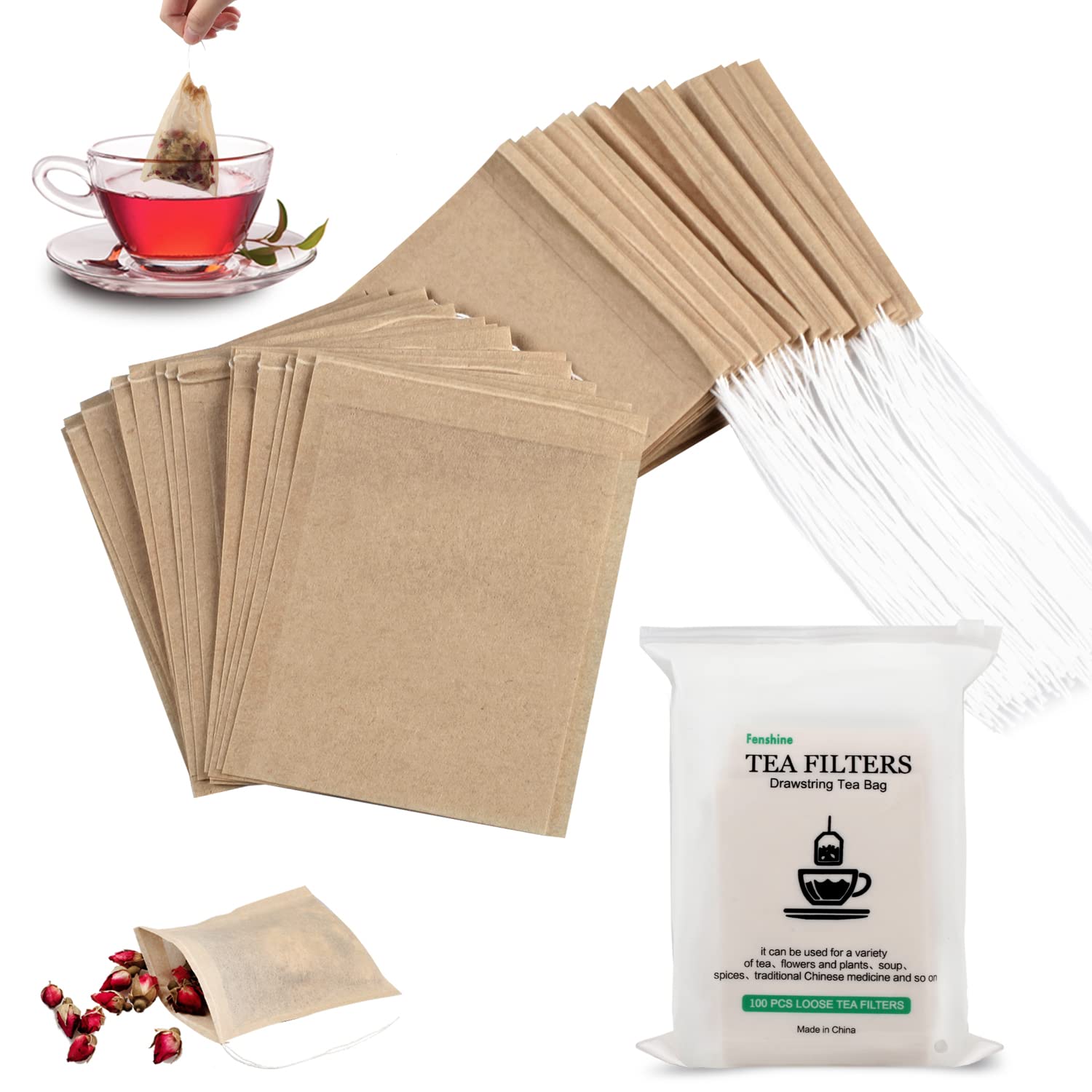 100Pcs Disposable Tea Bags For Loose Leaf Tea, 100% Natural Wood Pulp Paper Material, Empty Unbleached Filter Bags With Drawstri