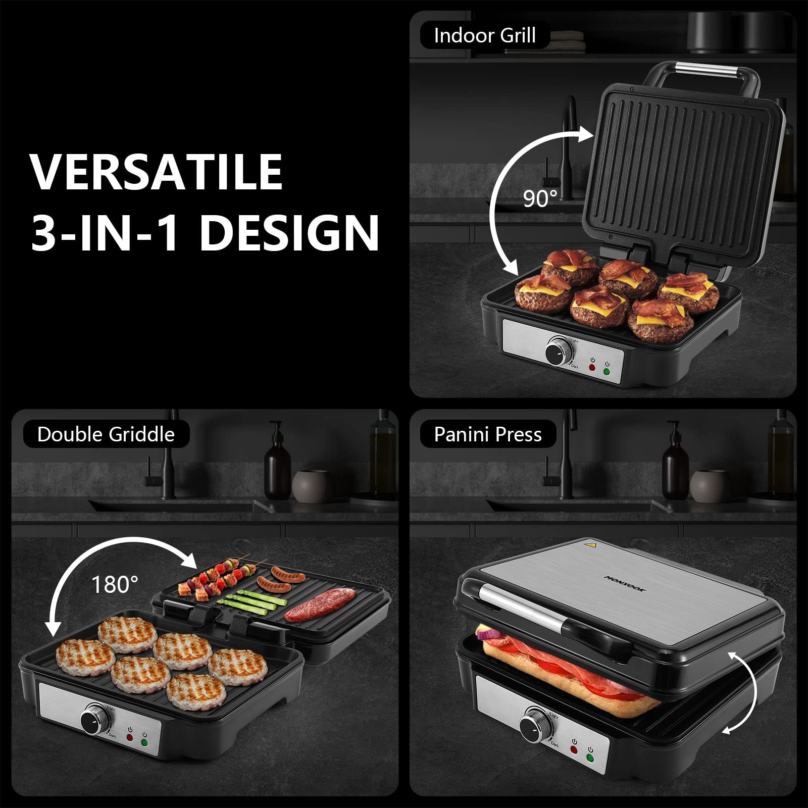 Monxook Panini Press Sandwich Maker, 4 Slices Panini Grill Non-Stick Coated Plates, Panini Makers With Temperature Control, Open