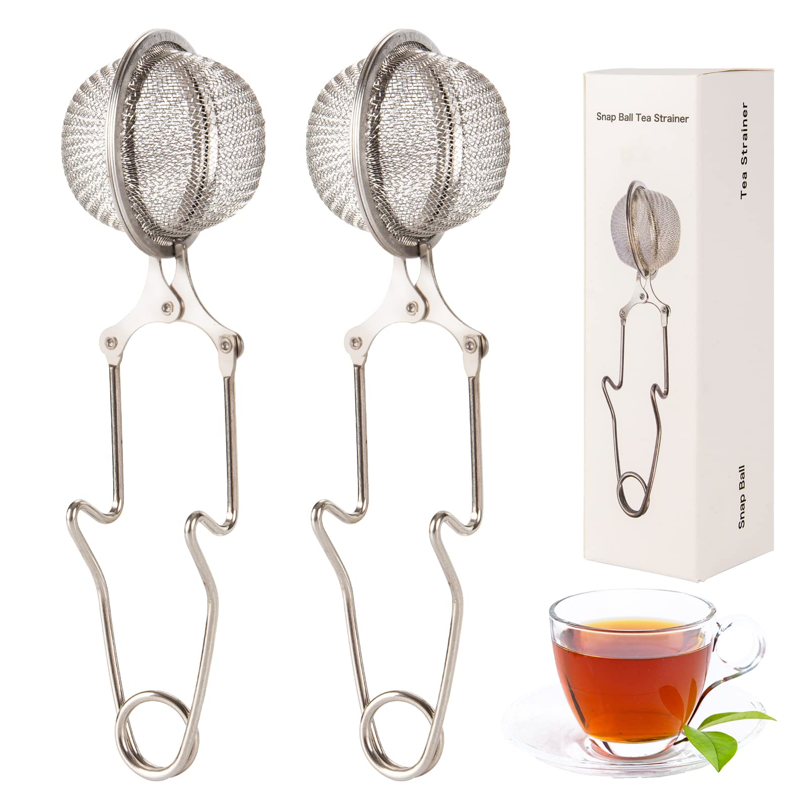 Snap Ball Tea Strainer, Exptolii 2 Pack Stainless Steel Tea Infuser Filter With Handle For Loose Leaf Tea, Spices, Seasonings