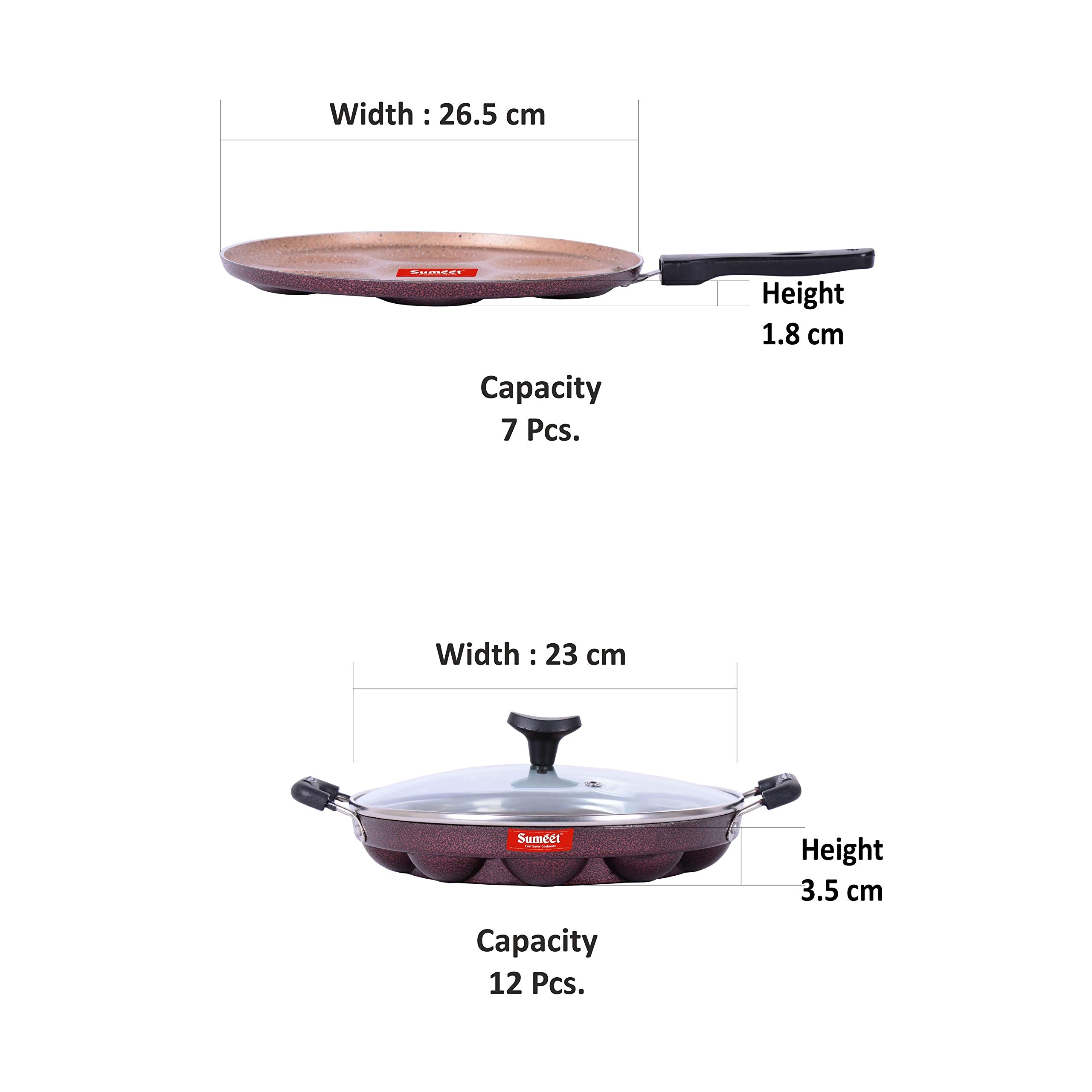 Sumeet Nonstick Granite Finish 2Pcs ELITE Combo Set (Grill Appam Patra With Glass Lid - 12 Cavity - 23cm Dia + Multi Snack Maker