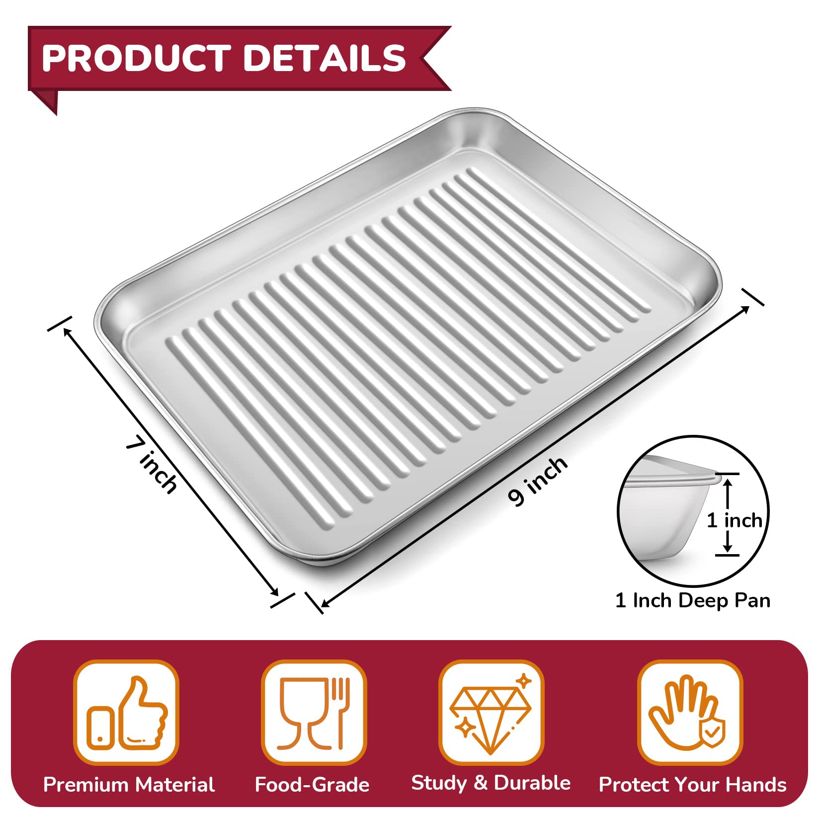 P&P Chef Mini Toaster Oven Pan Set Of 2, 9 X 7 X 1 Inch Stainless Steel Small Baking Cookie Pan For Cooking & Roasting, Corrugat