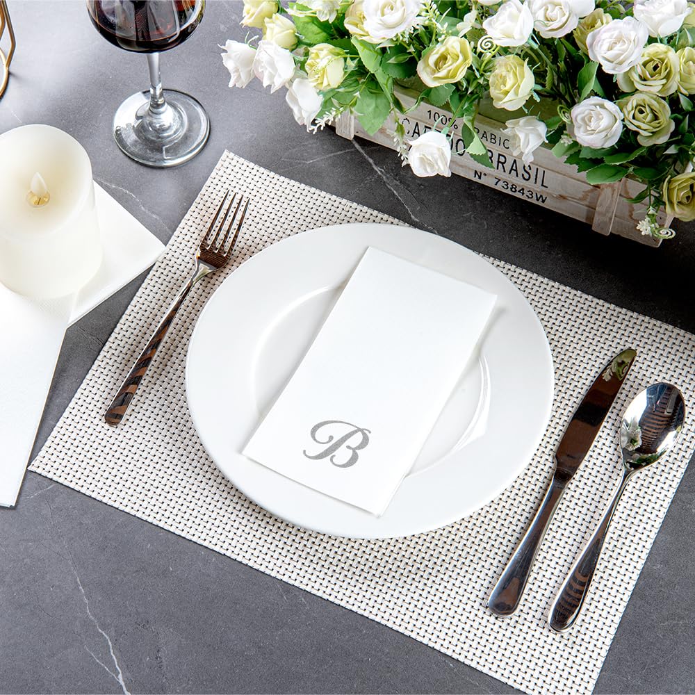 Luxenap 15.8 X 7.9 Inch Linen-Feel Guest Towels, 50 Lettered Hand Towels - Silver Letter 'B', Cursive Font, White Paper Dinner N