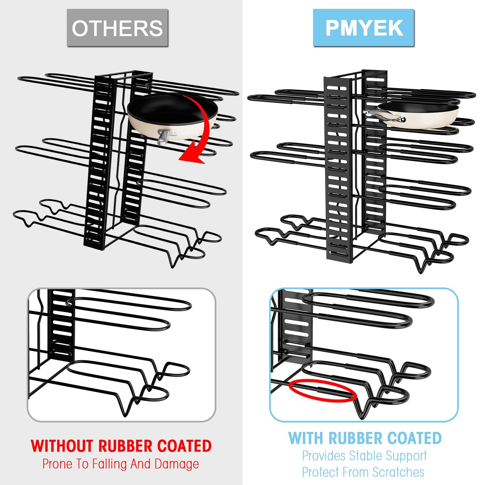 Pmyek Pots And Pans Organizer Rack For Cabinet - 8-Tier Adjustable Rack Heavy-Duty Under Cabinet Pot And Pan Storage - Perfect F