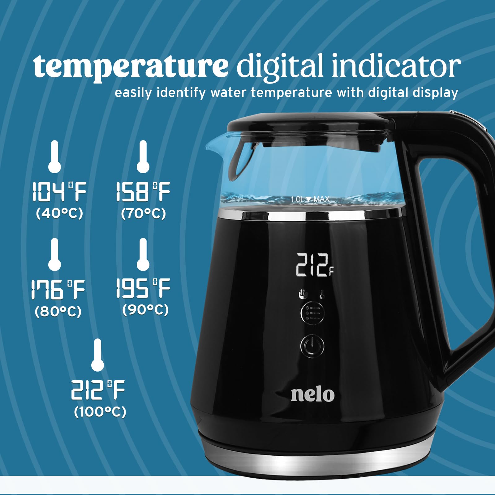 Nelo Electric Kettle With 5 Temperature Control Presets, Large Digital Temperature Display, Multi-Colored Led Indicator Lights,